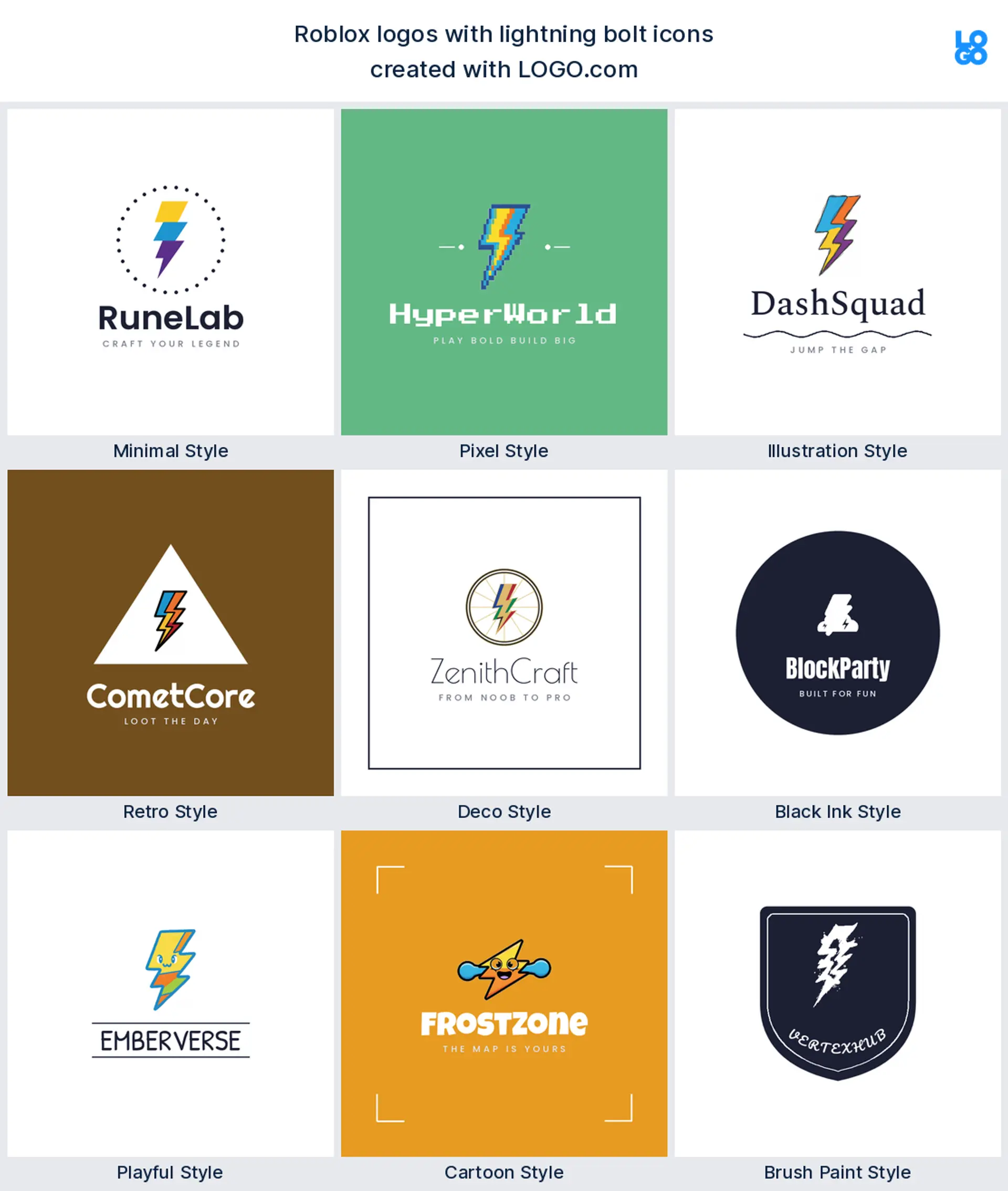 Lightning bolt Roblox logos in nine LOGO.com styles