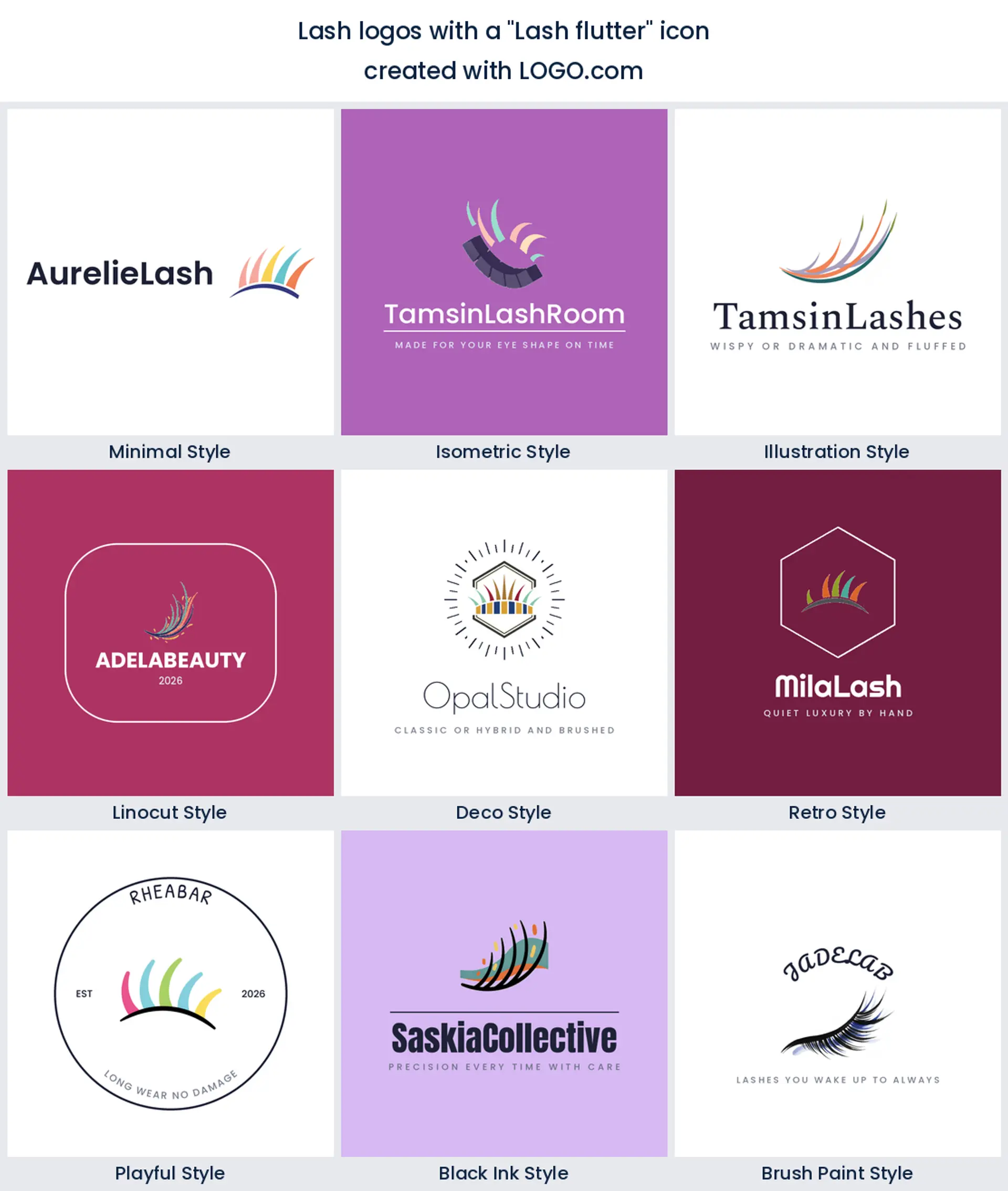 A lash flutter icon shown in nine lash logo styles, from minimal to retro.