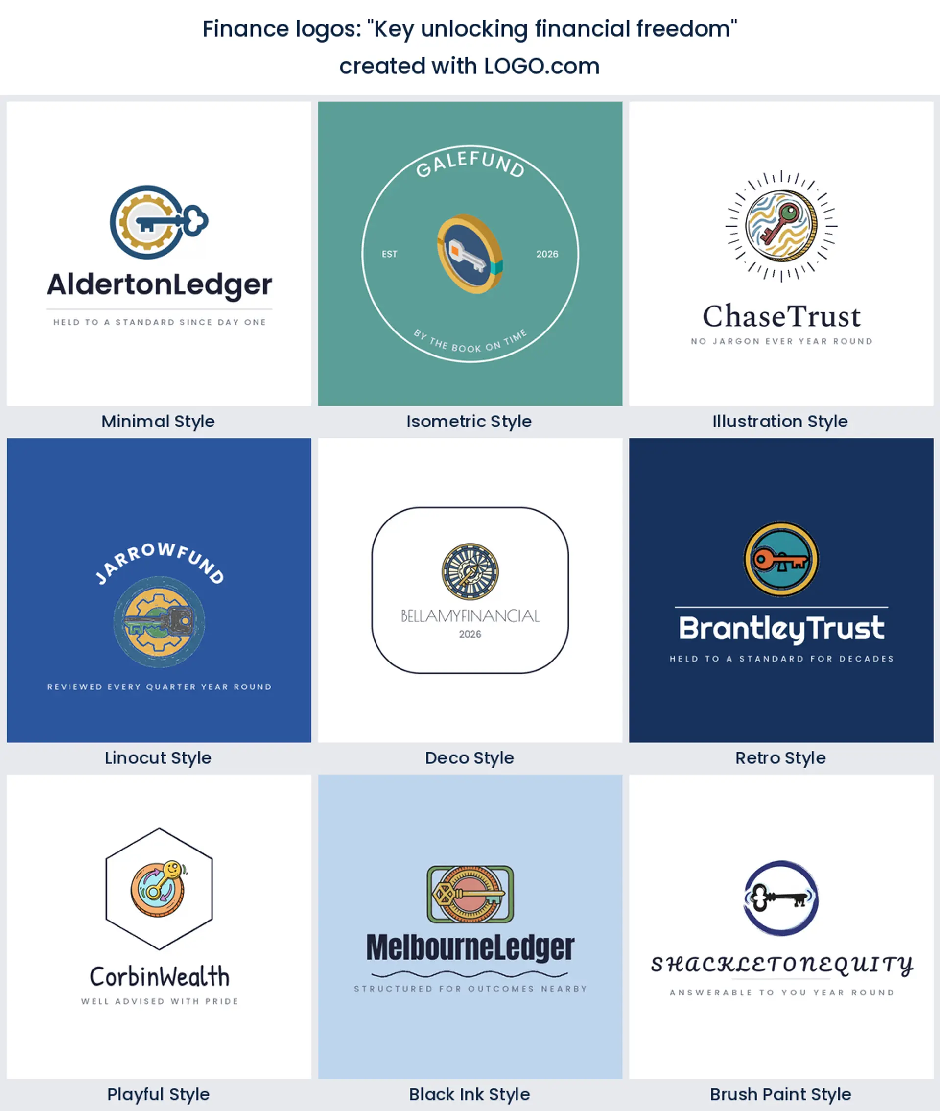Nine styles of personal finance logo with a key turning inside a coin
