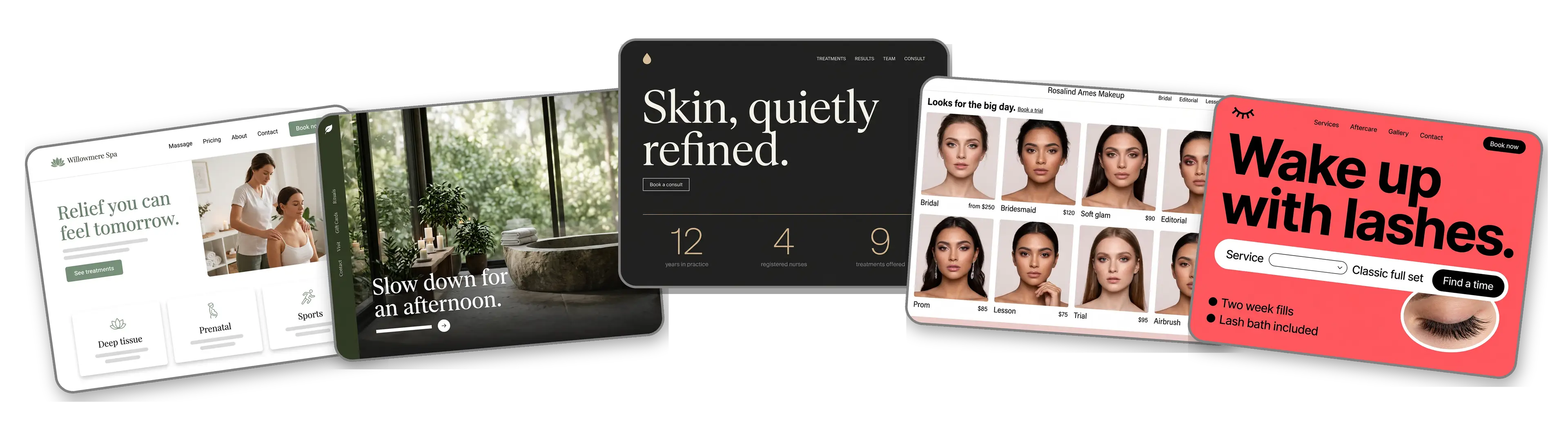 Five spa and beauty websites built with LOGO.com from a logo upload: a massage therapist, a day spa, a medical aesthetics clinic, a bridal makeup artist and a lash extension studio