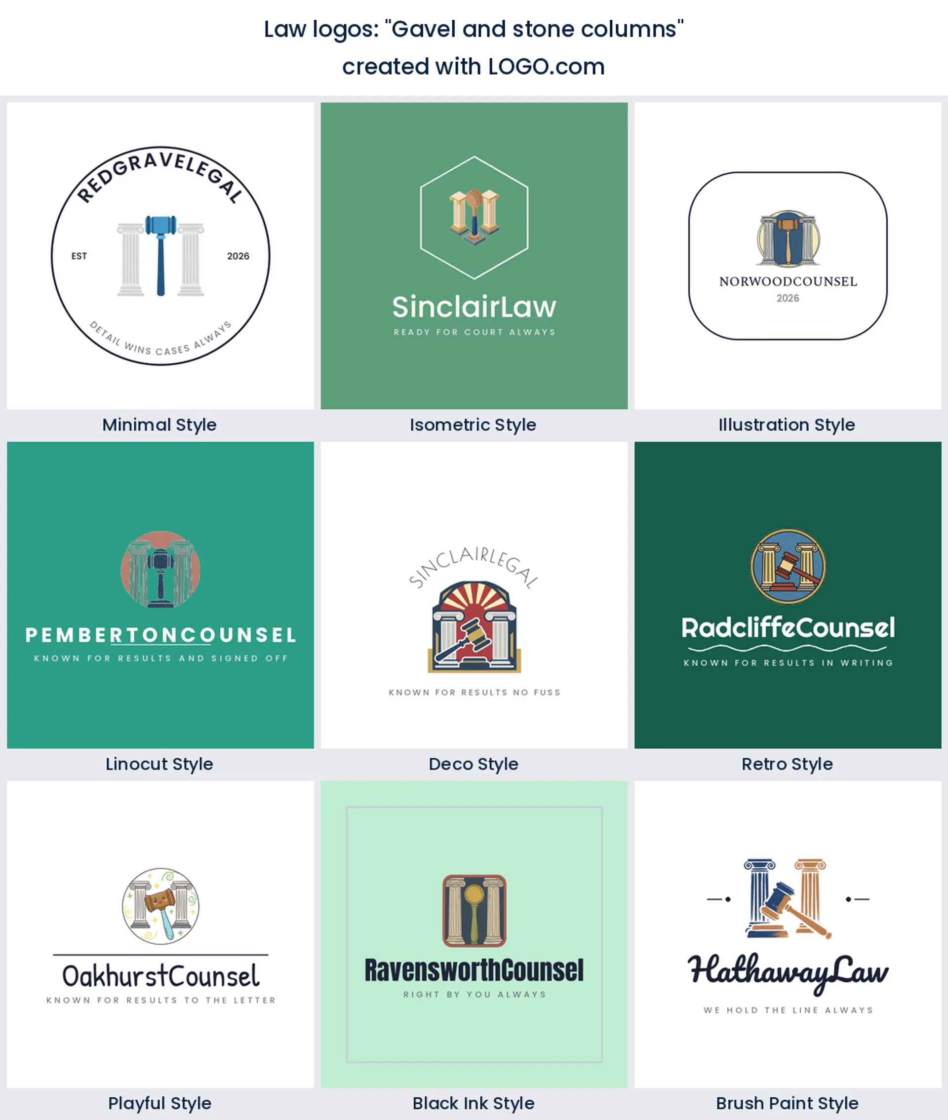 A gavel and stone columns drawn across nine LOGO.com logo styles