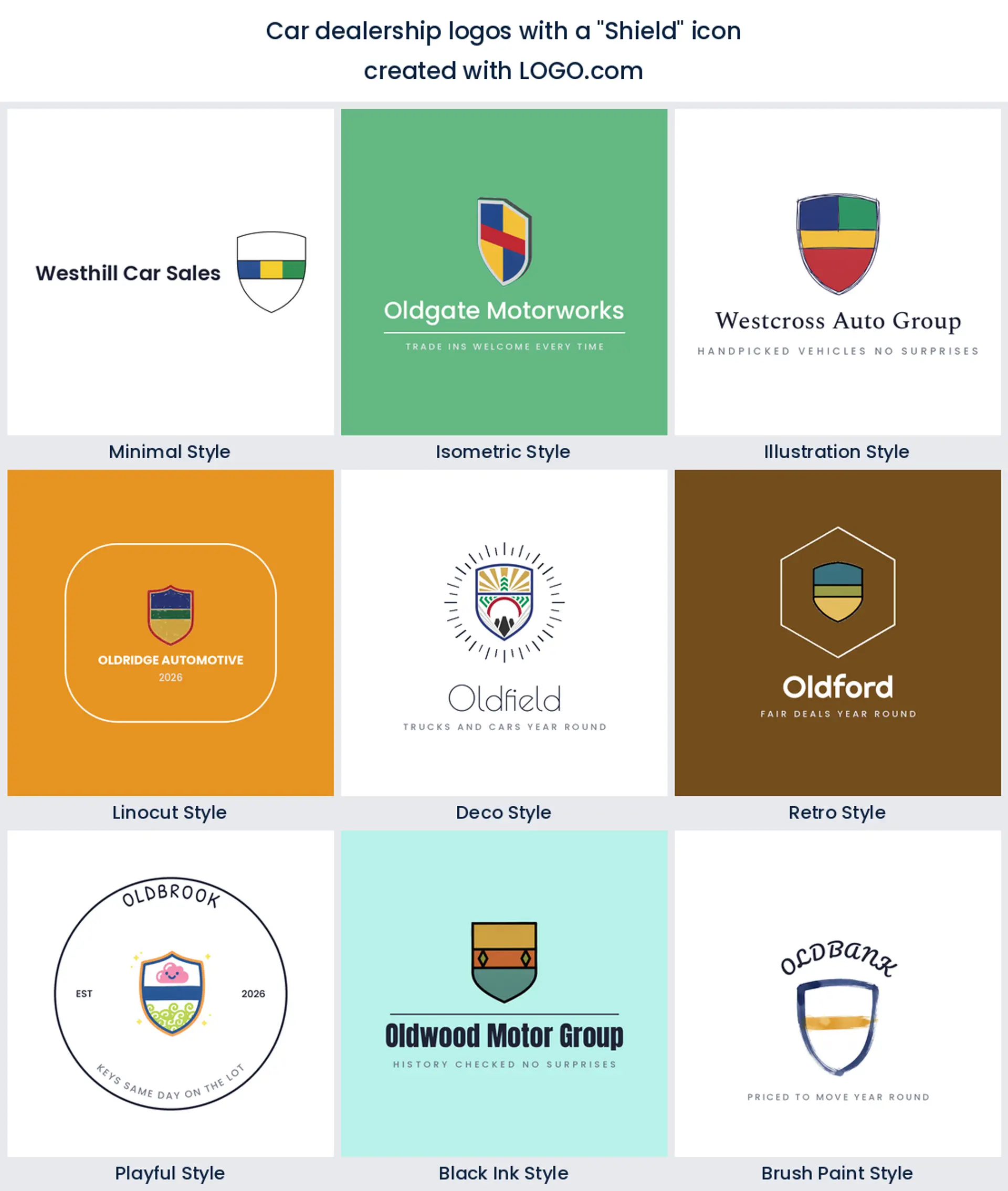 Shield automotive logo shown in nine LOGO.com styles