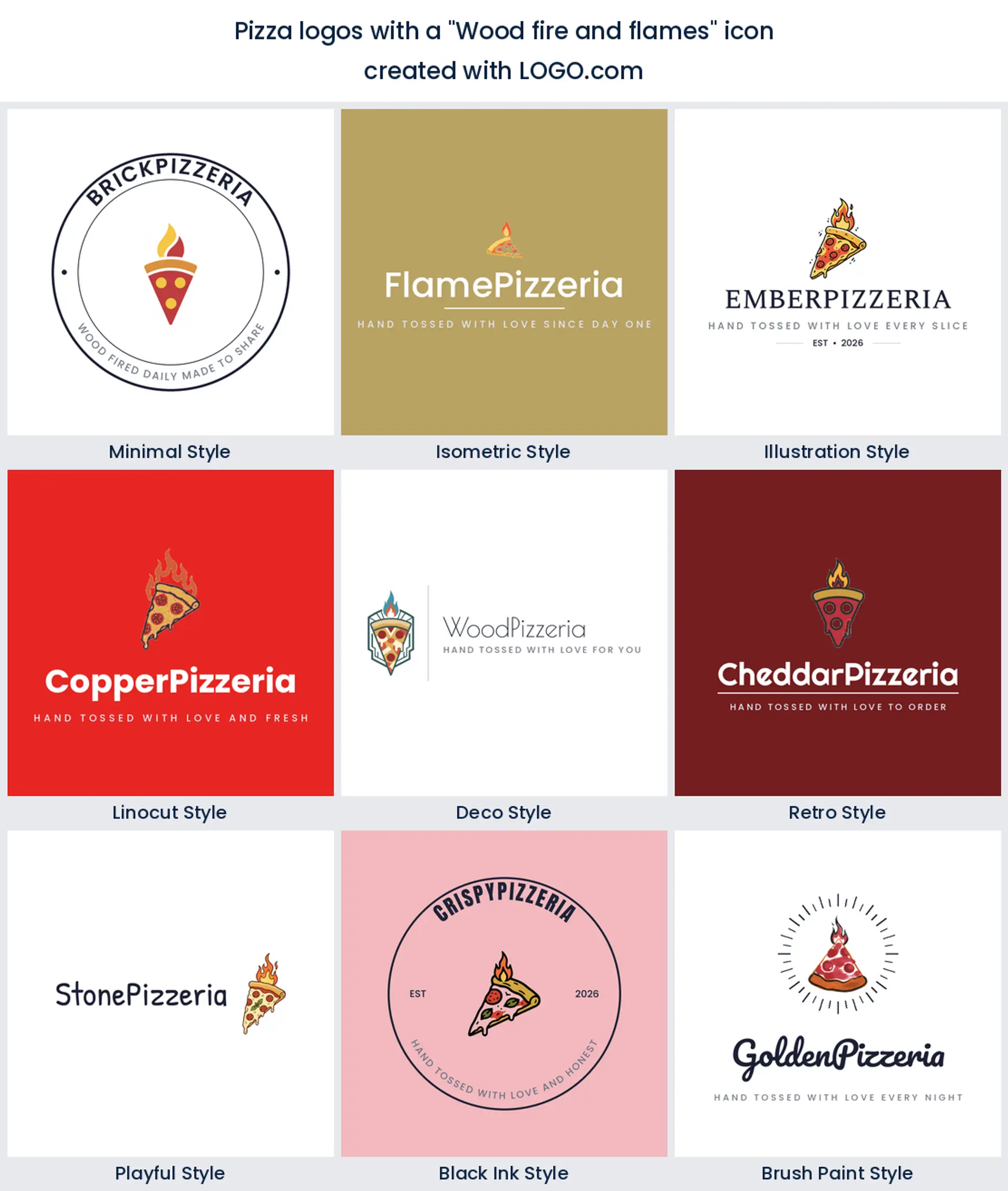 Wood fire and flames pizza logo shown in nine LOGO.com styles.