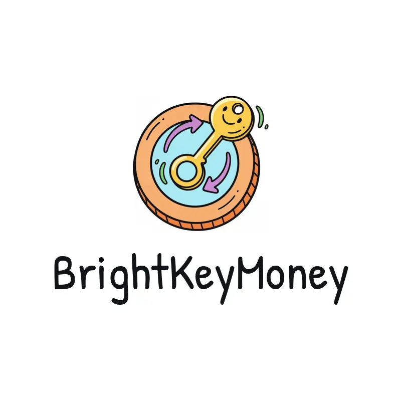 Playful personal finance logo for BrightKeyMoney with a key turning inside a coin