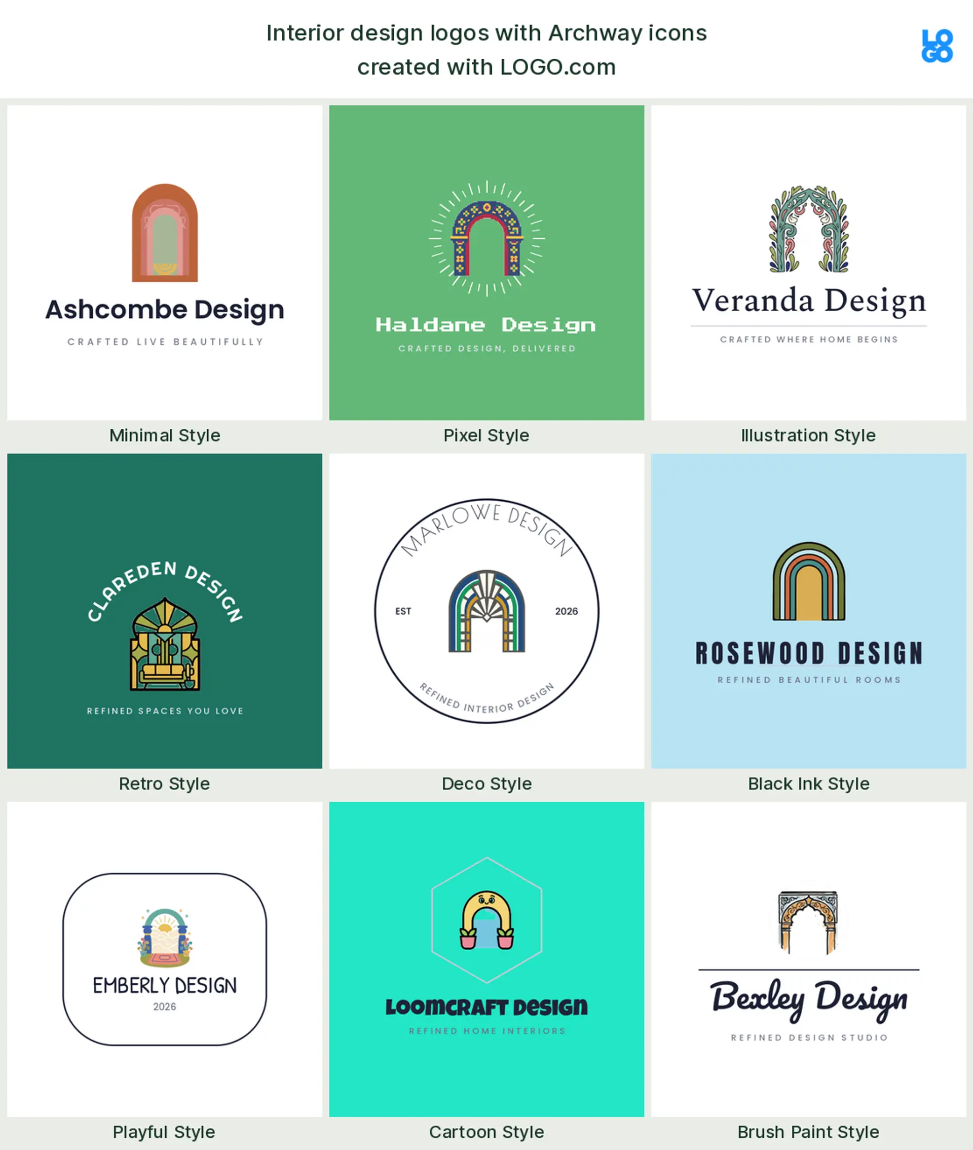Archway, a popular interior design logo symbol, shown across nine styles on LOGO.com