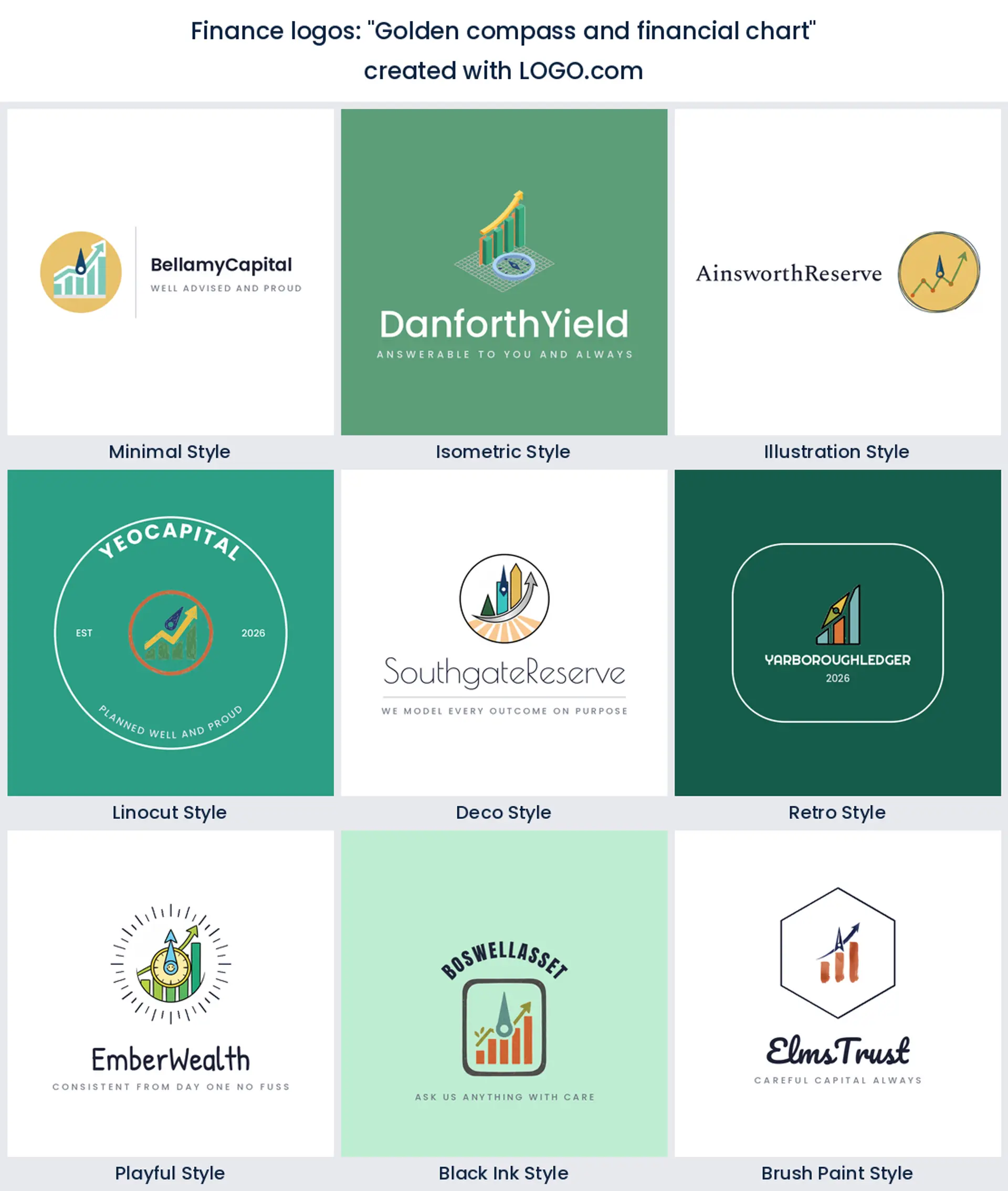 Nine styles of financial advisor logo with a compass needle set inside a growth chart