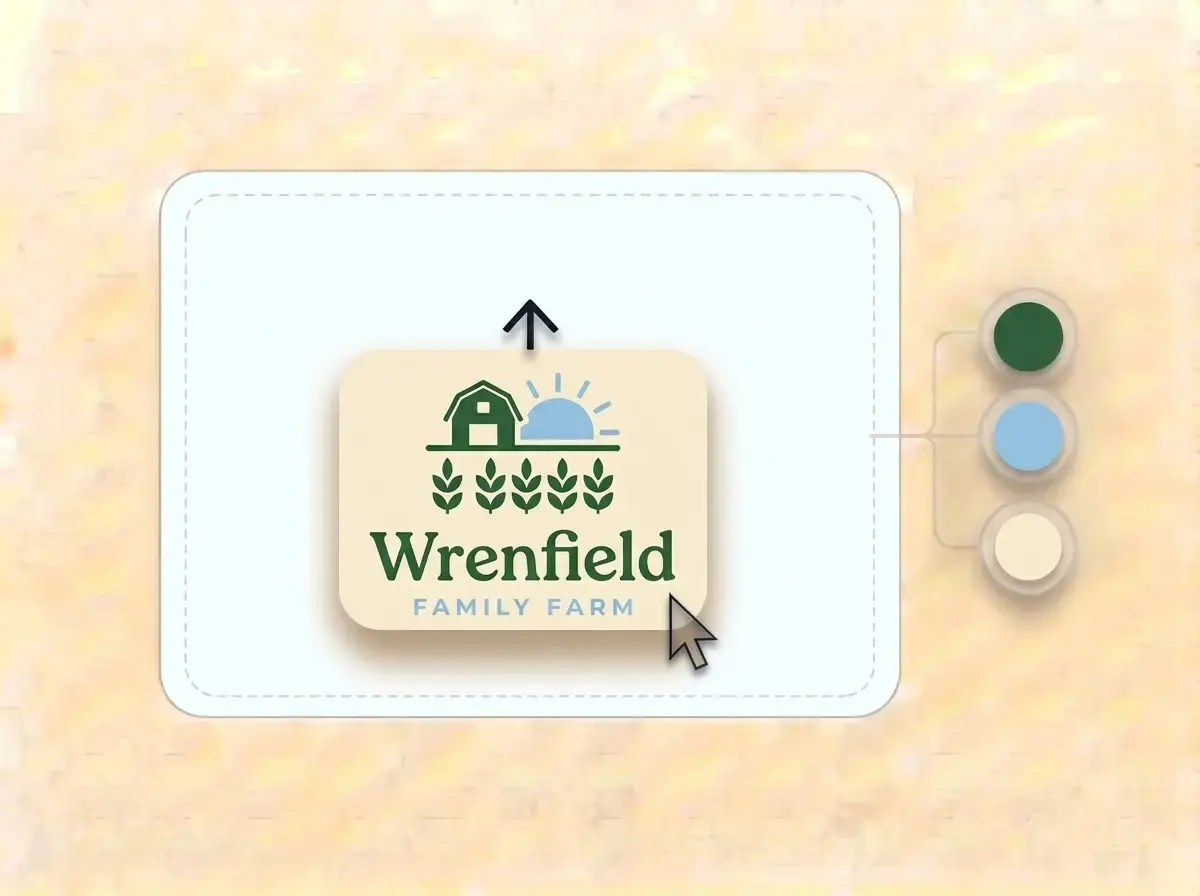 Wrenfield Family Farm logo, a green barn with crop rows under a sky blue half sun on a cream card, dropped into the LOGO.com upload box with its colors split into swatches
