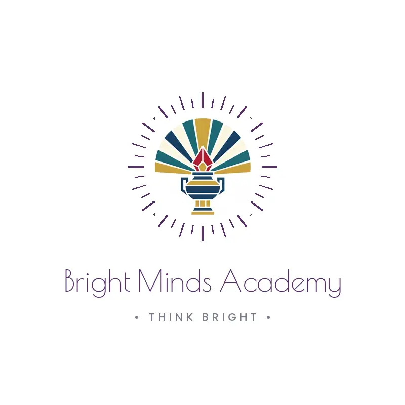 The school name Bright Minds Academy as a branded logo in a deco style
