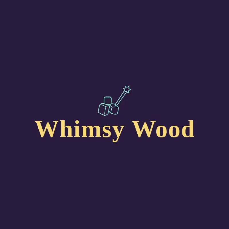 The toy company name Whimsy Wood as a branded logo with a single color icon