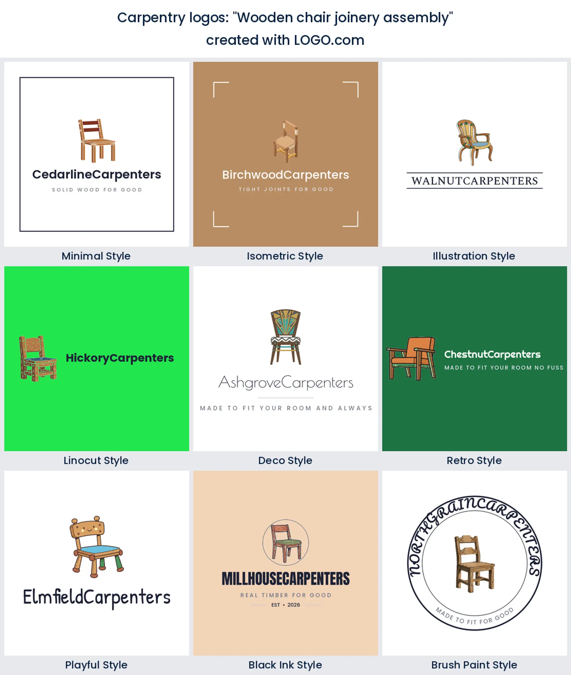 Wooden chair joinery assembly logo shown across nine LOGO.com styles