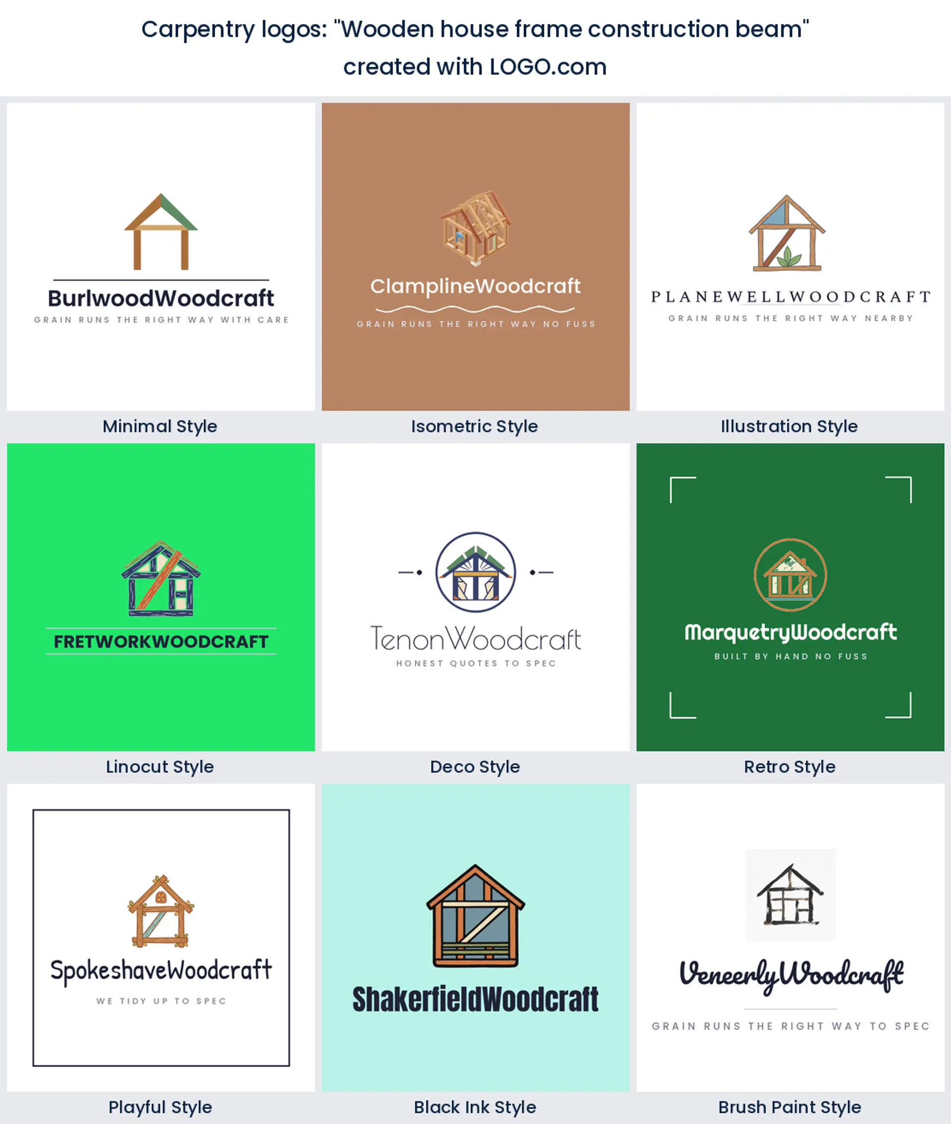 Wooden house frame construction beam logo shown across nine LOGO.com styles