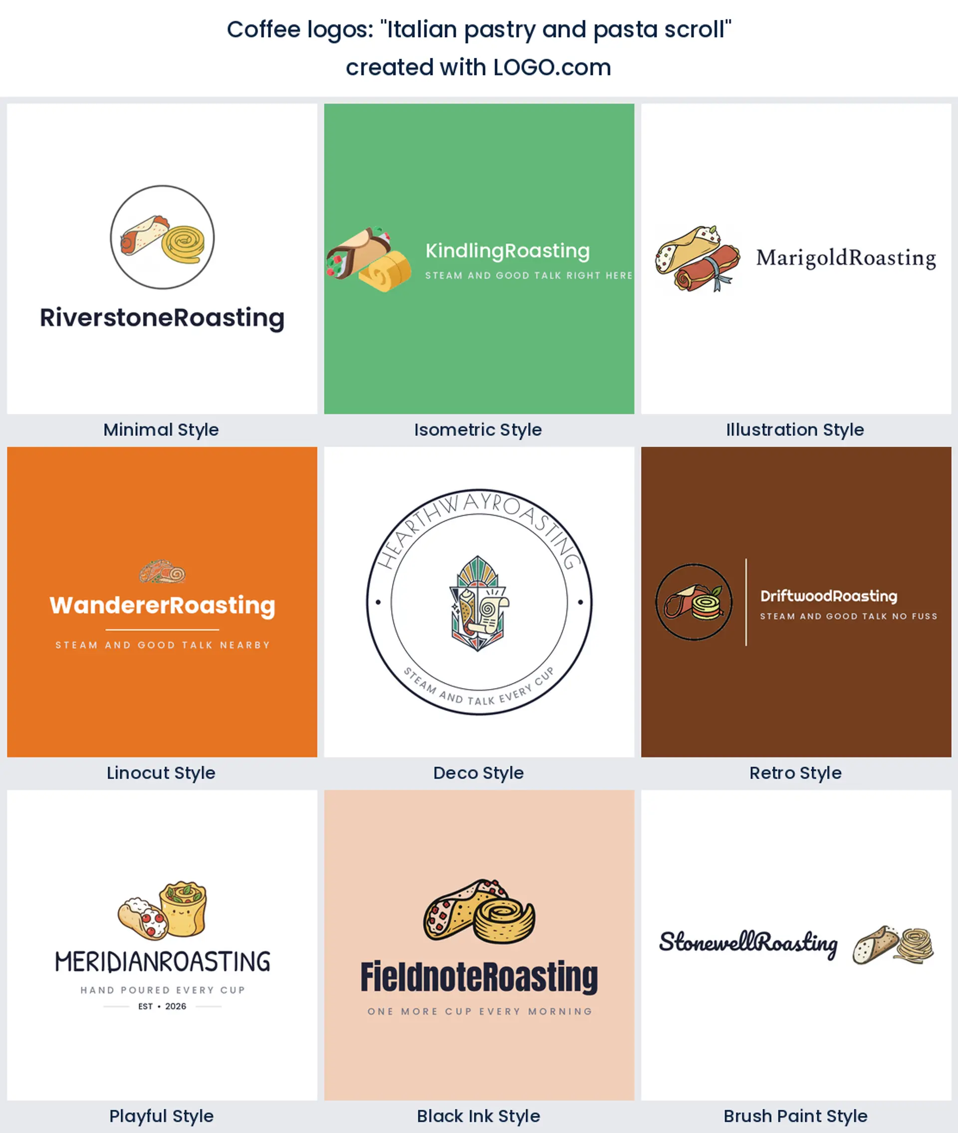 Italian pastry and pasta scroll coffee logo idea shown in nine LOGO.com styles
