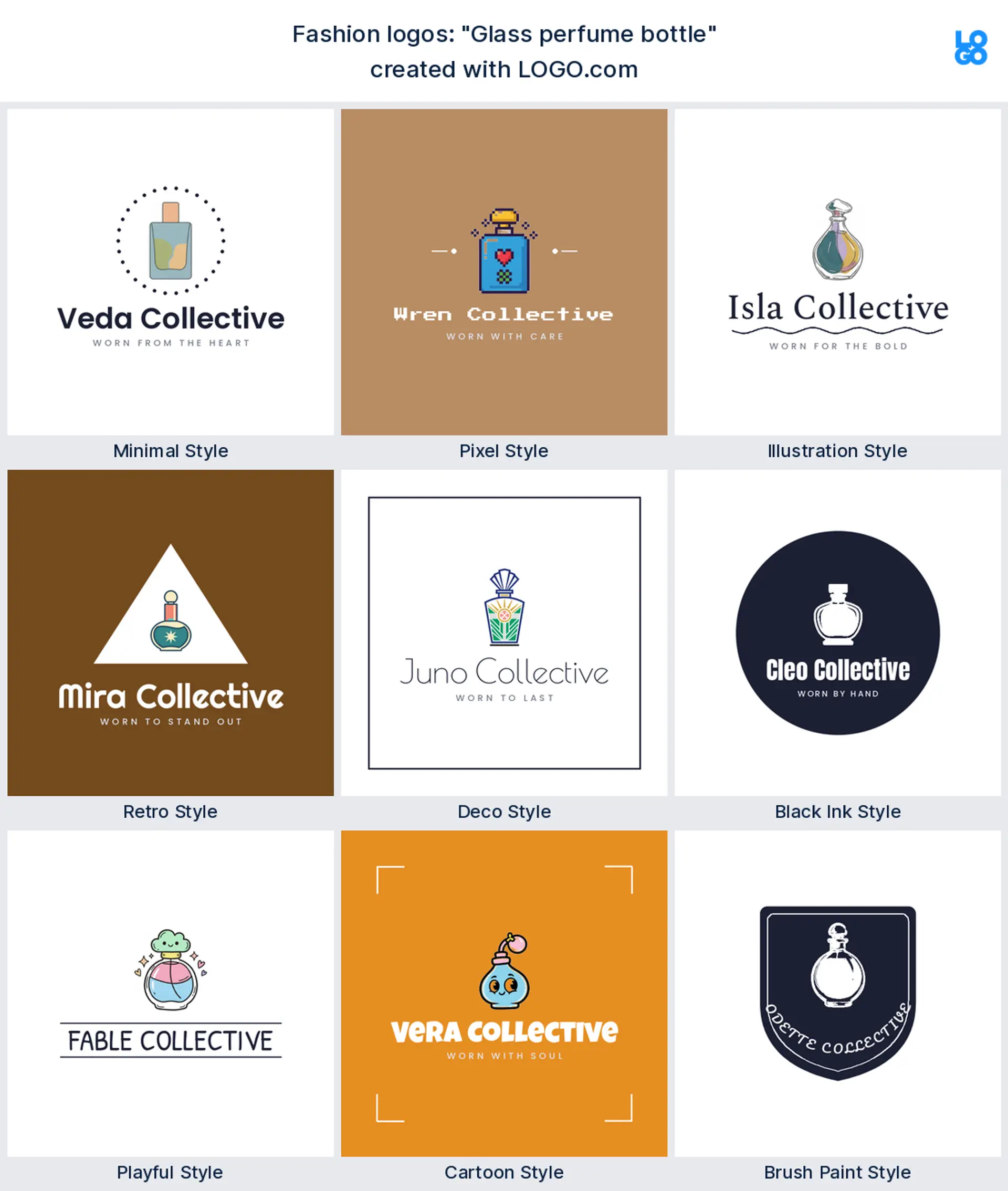 The "Glass perfume bottle" logo idea shown across nine LOGO.com styles