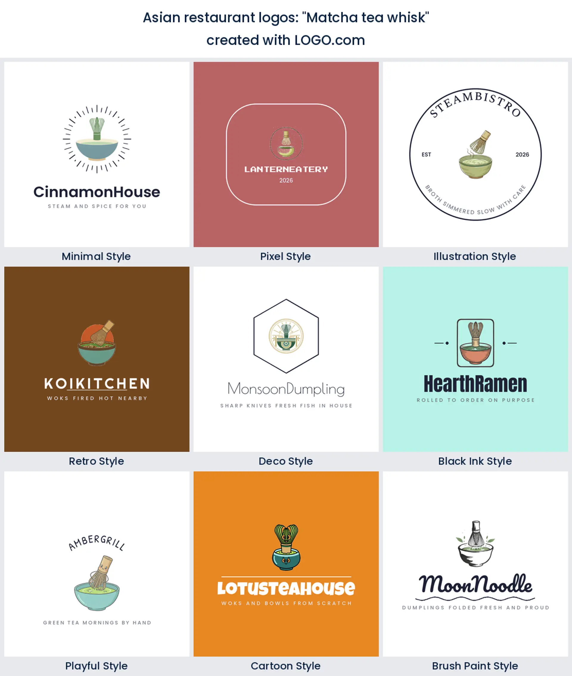 Matcha tea whisk Asian restaurant logo in nine styles.