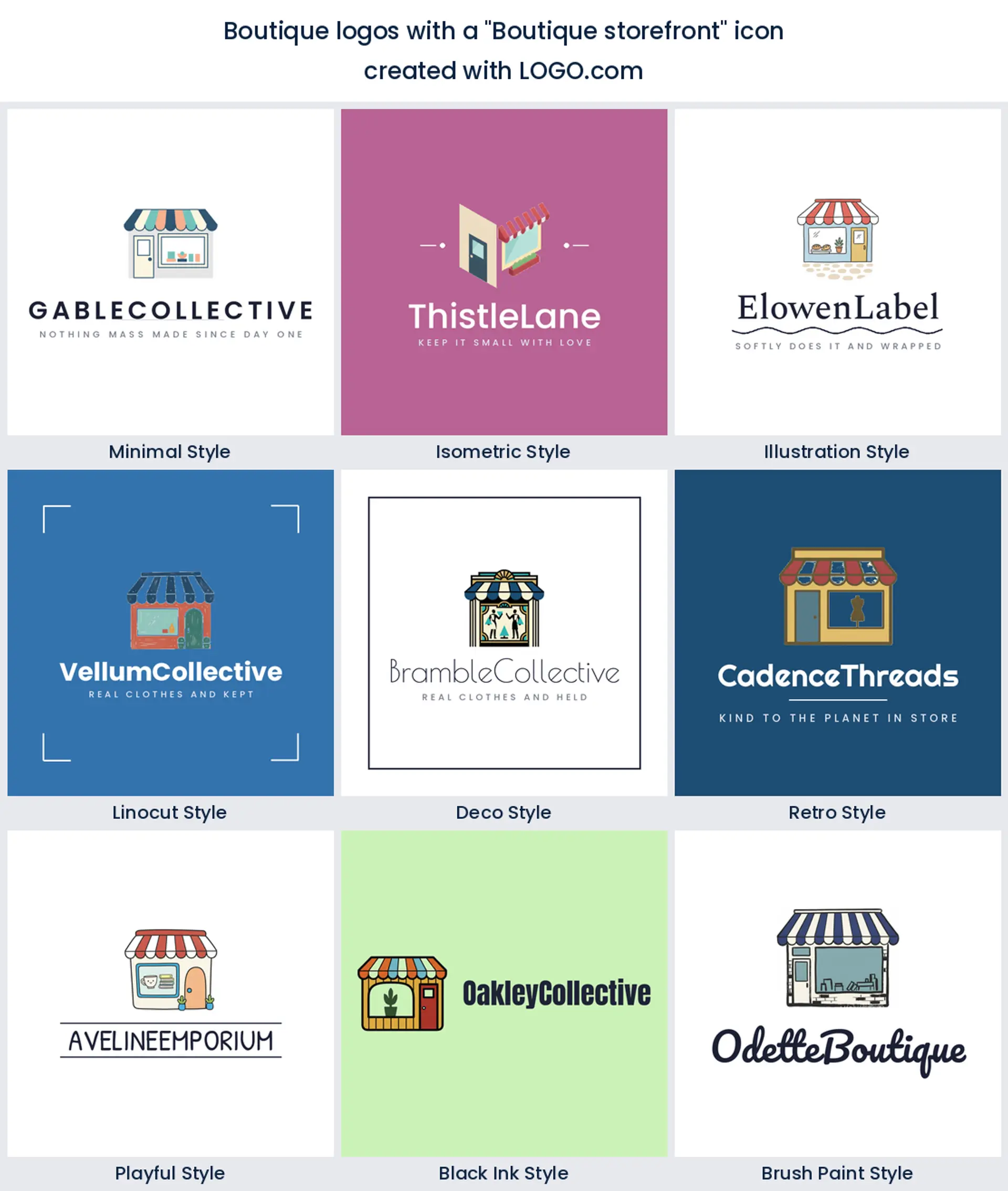 Boutique storefront logo shown in nine LOGO.com styles