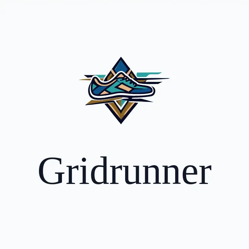 The shoe store name Gridrunner as a branded logo with a color icon