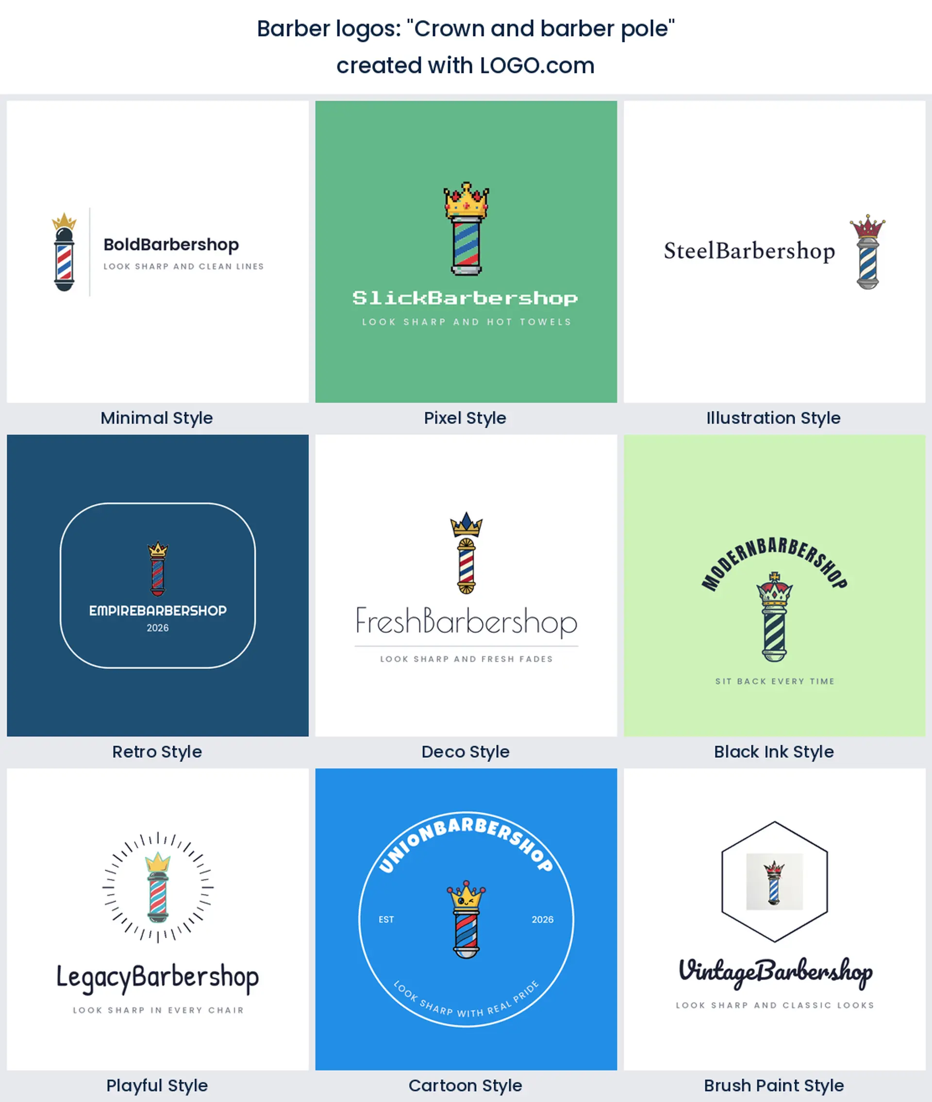 Crown and barber pole logo in nine styles.