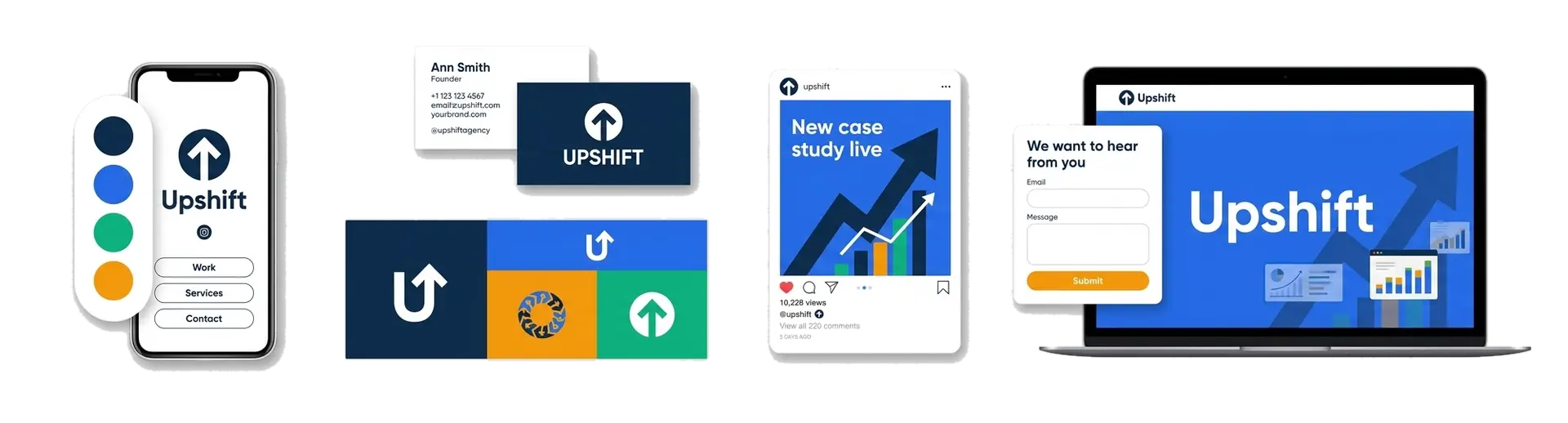 A digital marketing logo maker showing an agency brand across a website, a pitch deck, and a mobile app