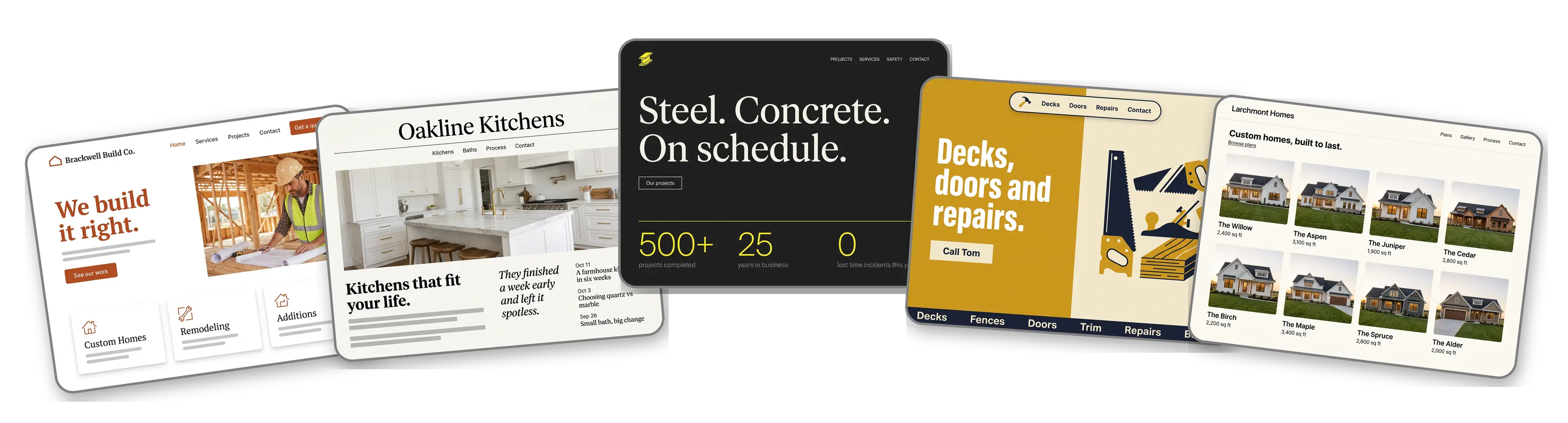 Five construction websites built with LOGO.com from a logo upload: a general contractor, a kitchen and bath remodeling company, a commercial steel and concrete firm, an independent carpenter and a custom home builder