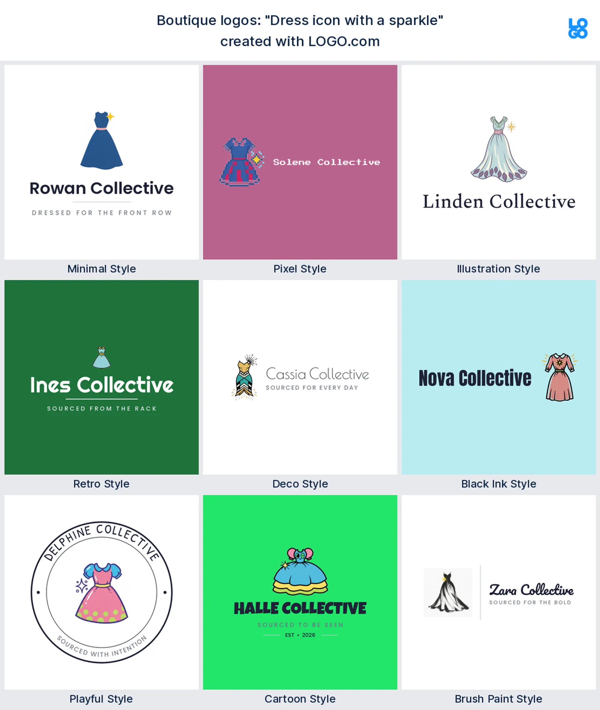 The Dress icon with a sparkle boutique logo idea shown across nine LOGO.com styles
