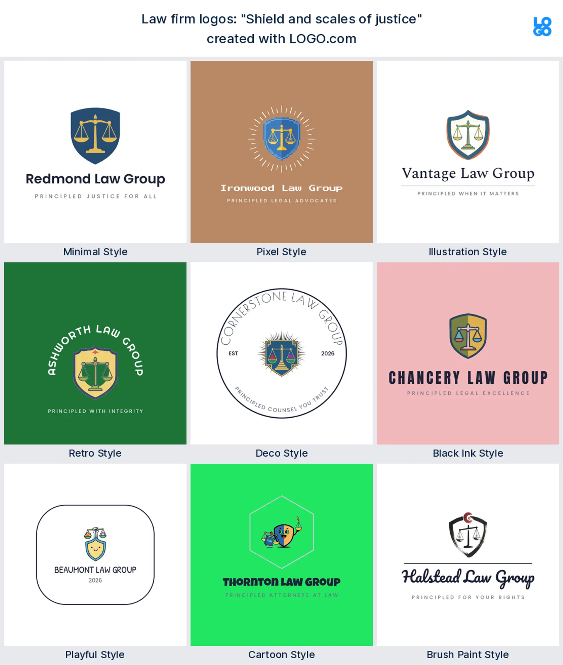 The "Shield and scales of justice" legal logo idea, shown across nine styles on LOGO.com