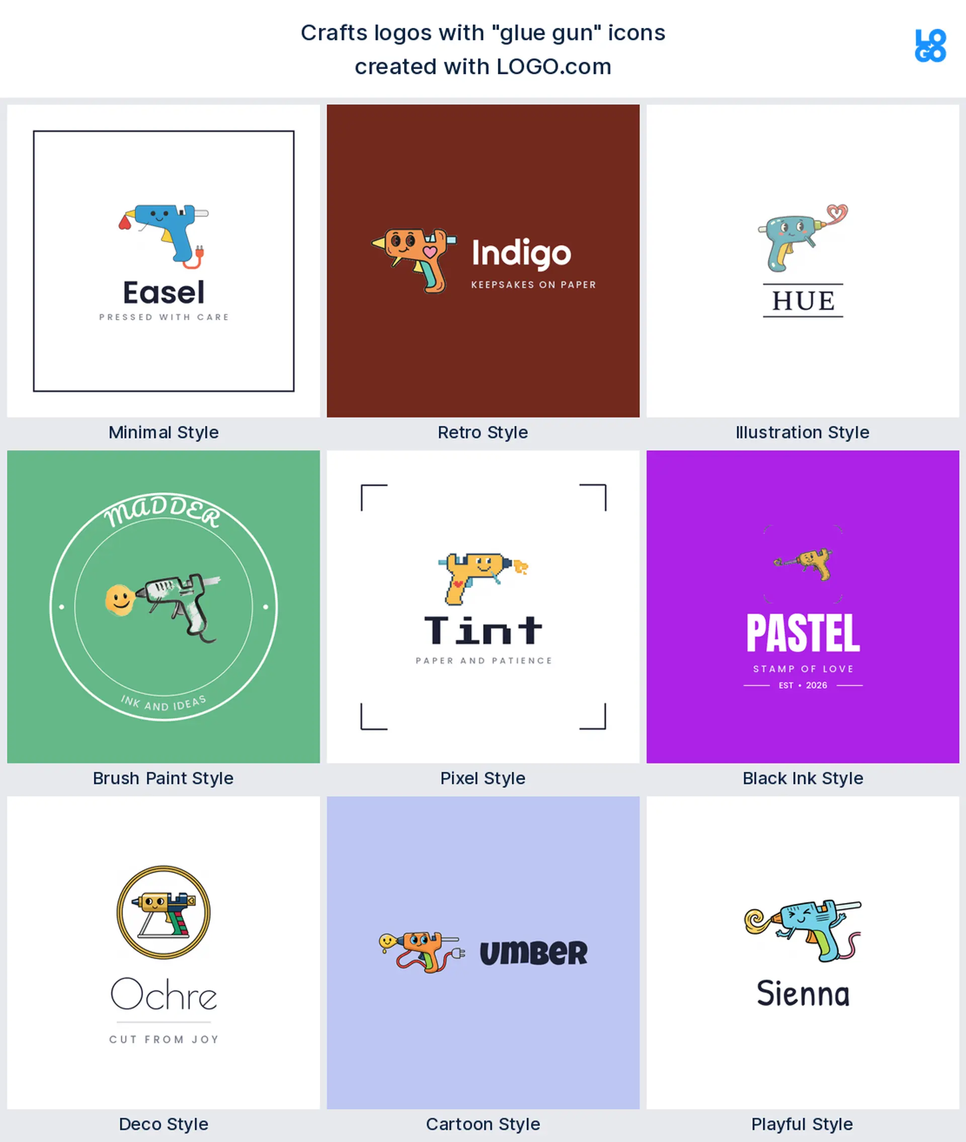 Glue gun craft logo shown in nine LOGO.com styles