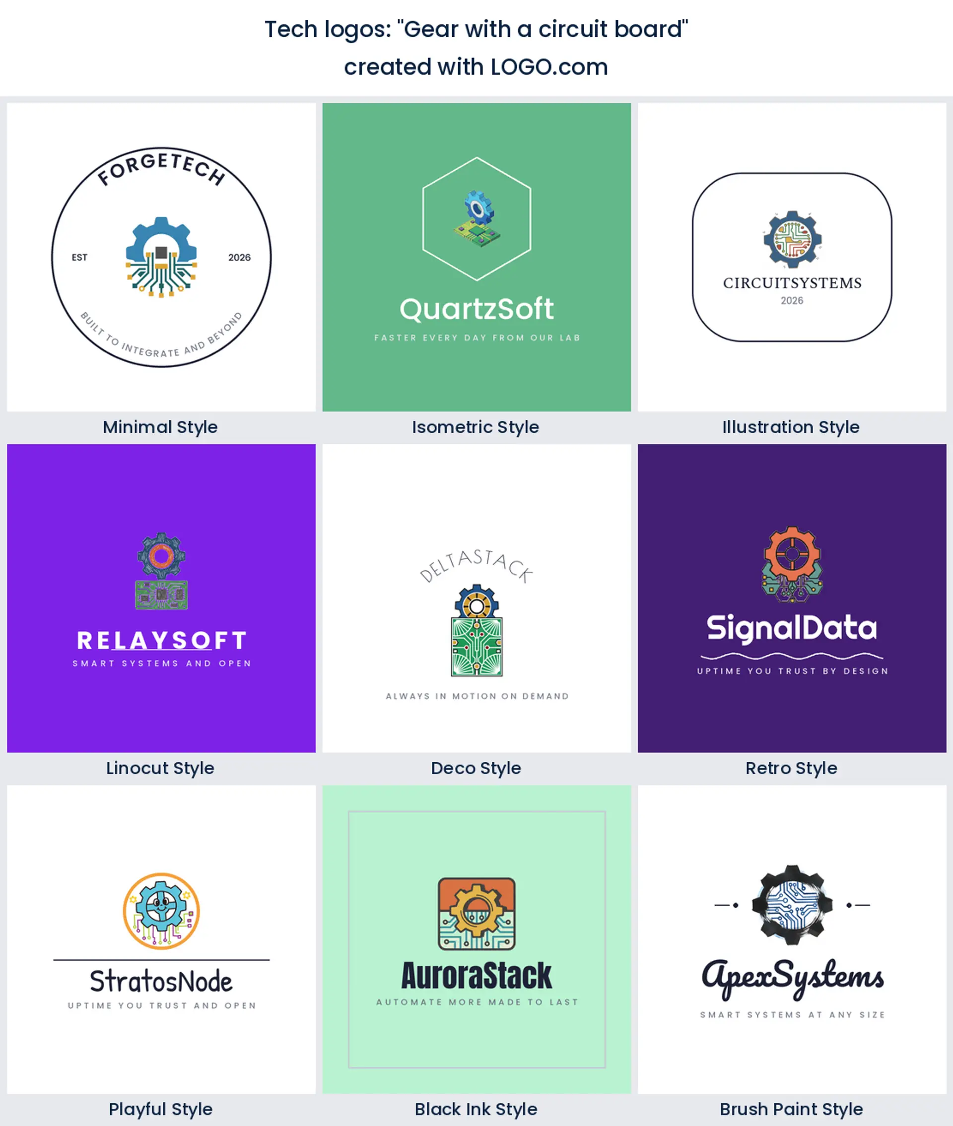 Gear with a circuit board tech logo in nine styles.