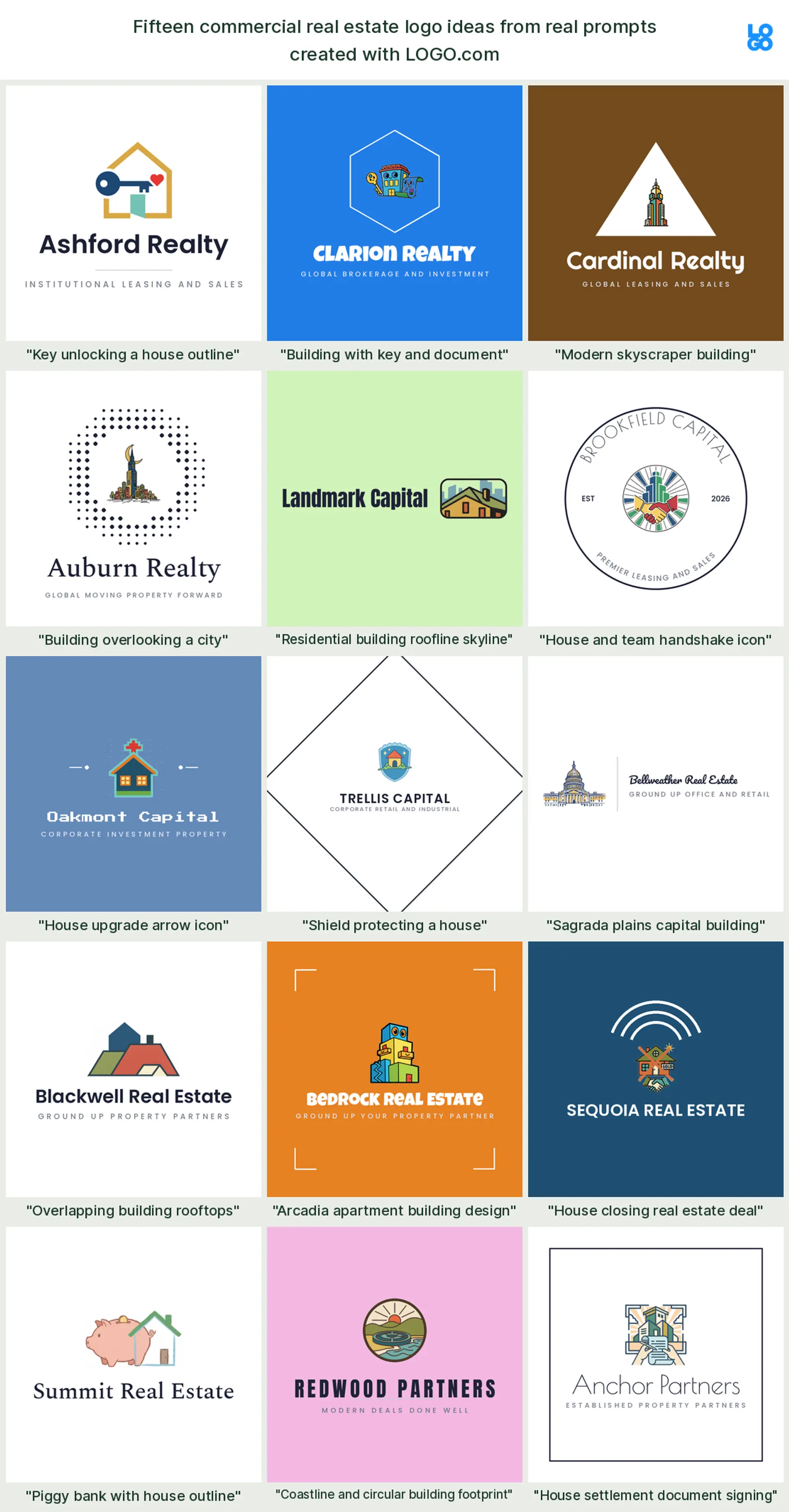 Fifteen commercial real estate logo ideas from real founder prompts, shown across nine styles