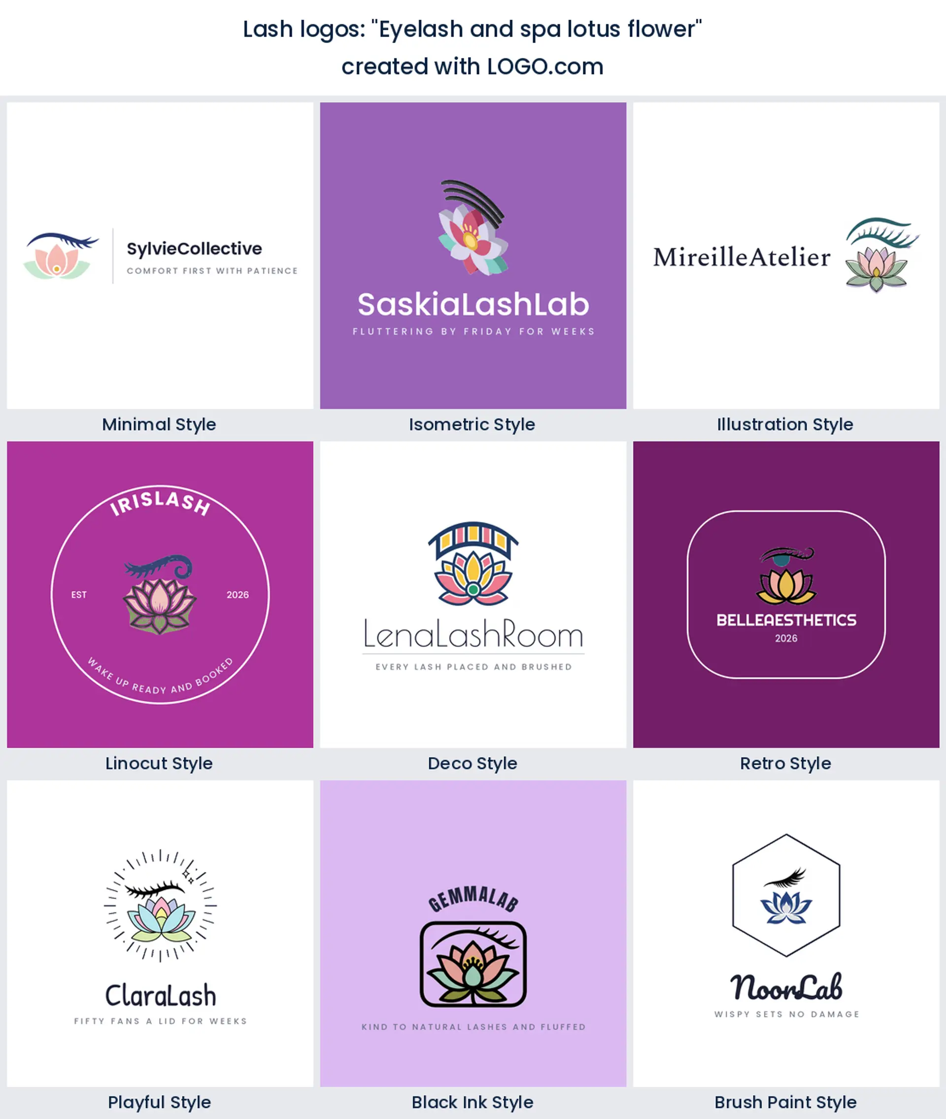 A lash logo built from the founder prompt "Eyelash and spa lotus flower", shown in nine design styles.