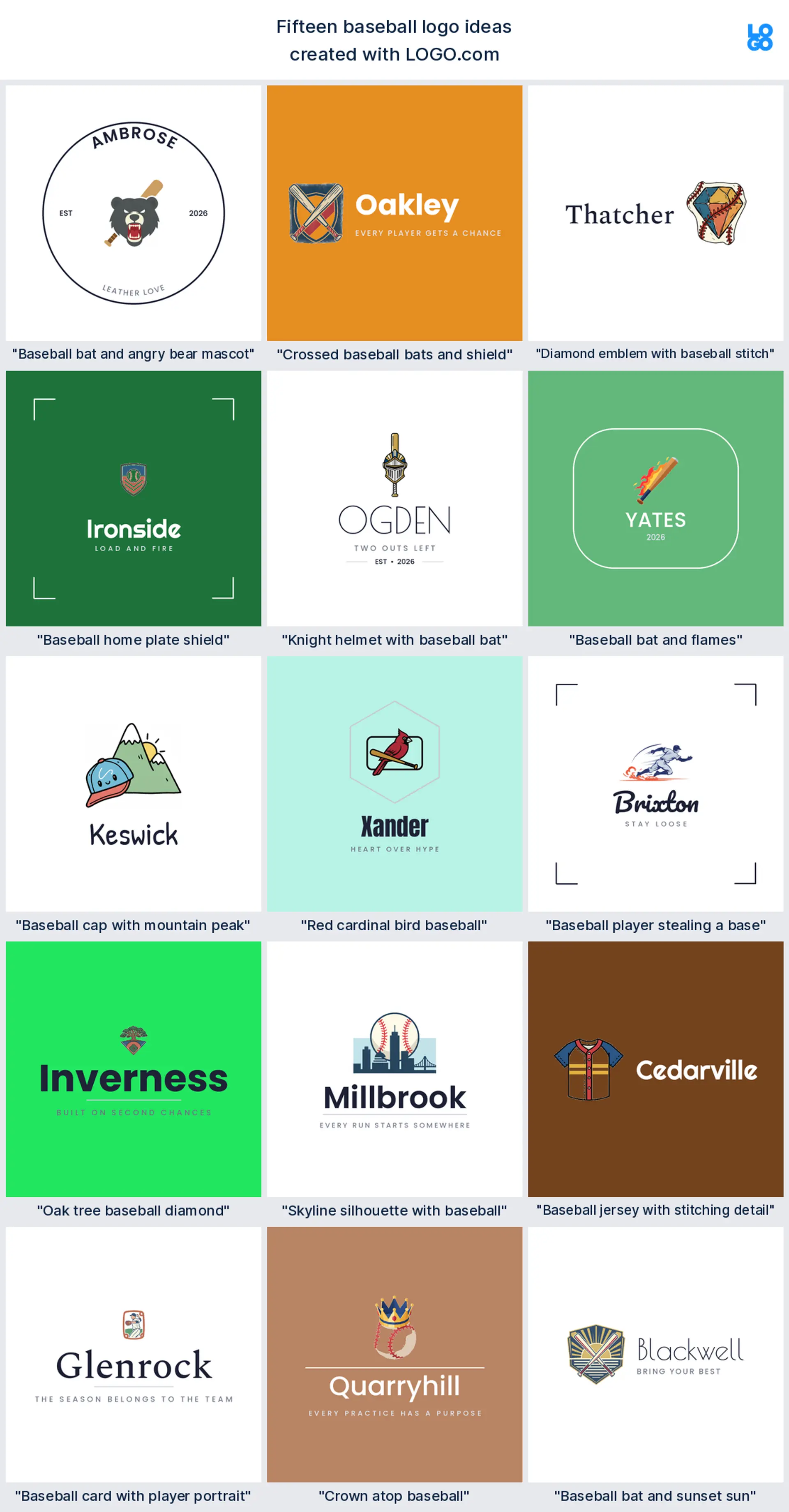 Fifteen baseball logo ideas shown across nine LOGO.com styles