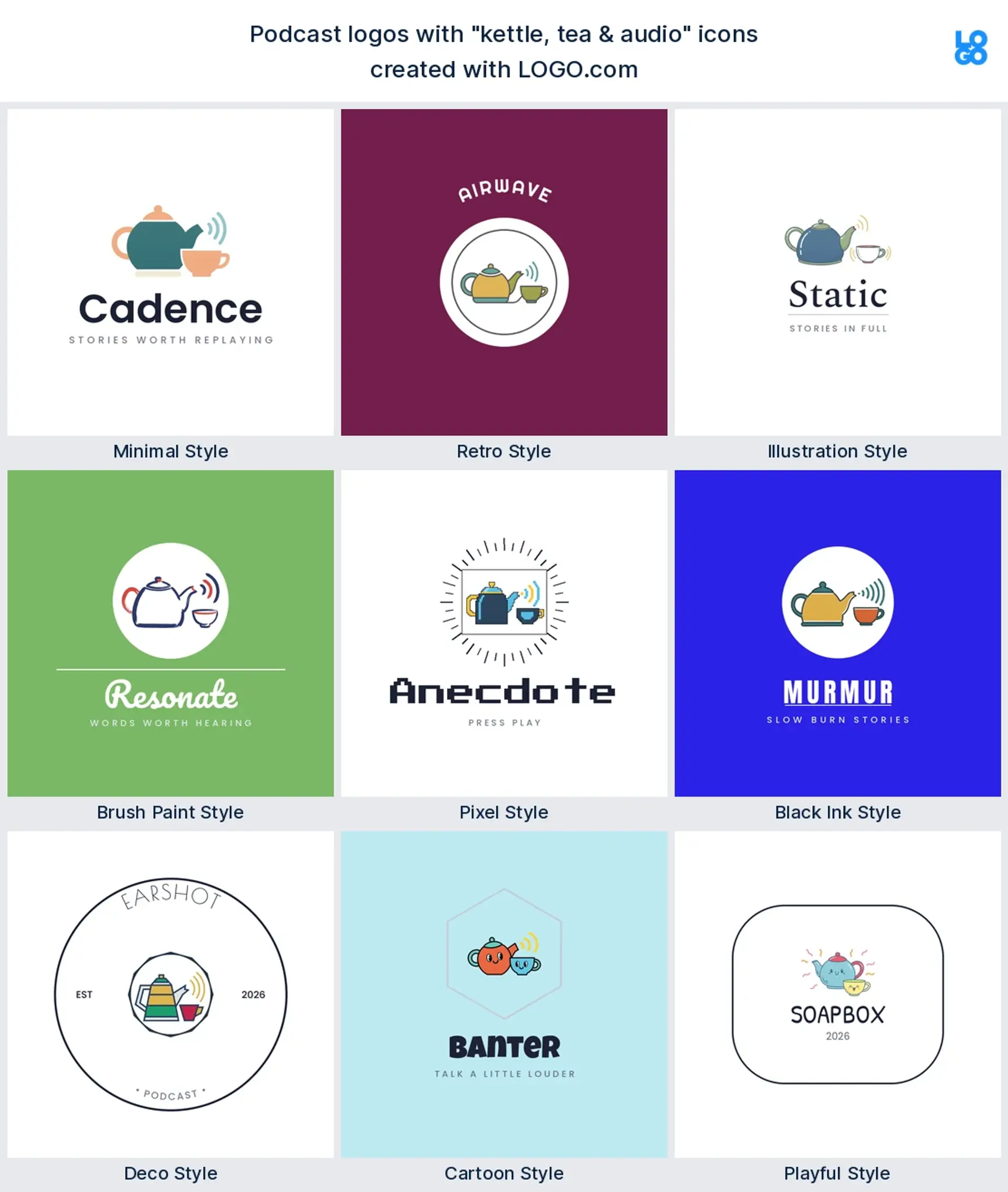 Kettle, tea and audio podcast logo shown in nine LOGO.com styles