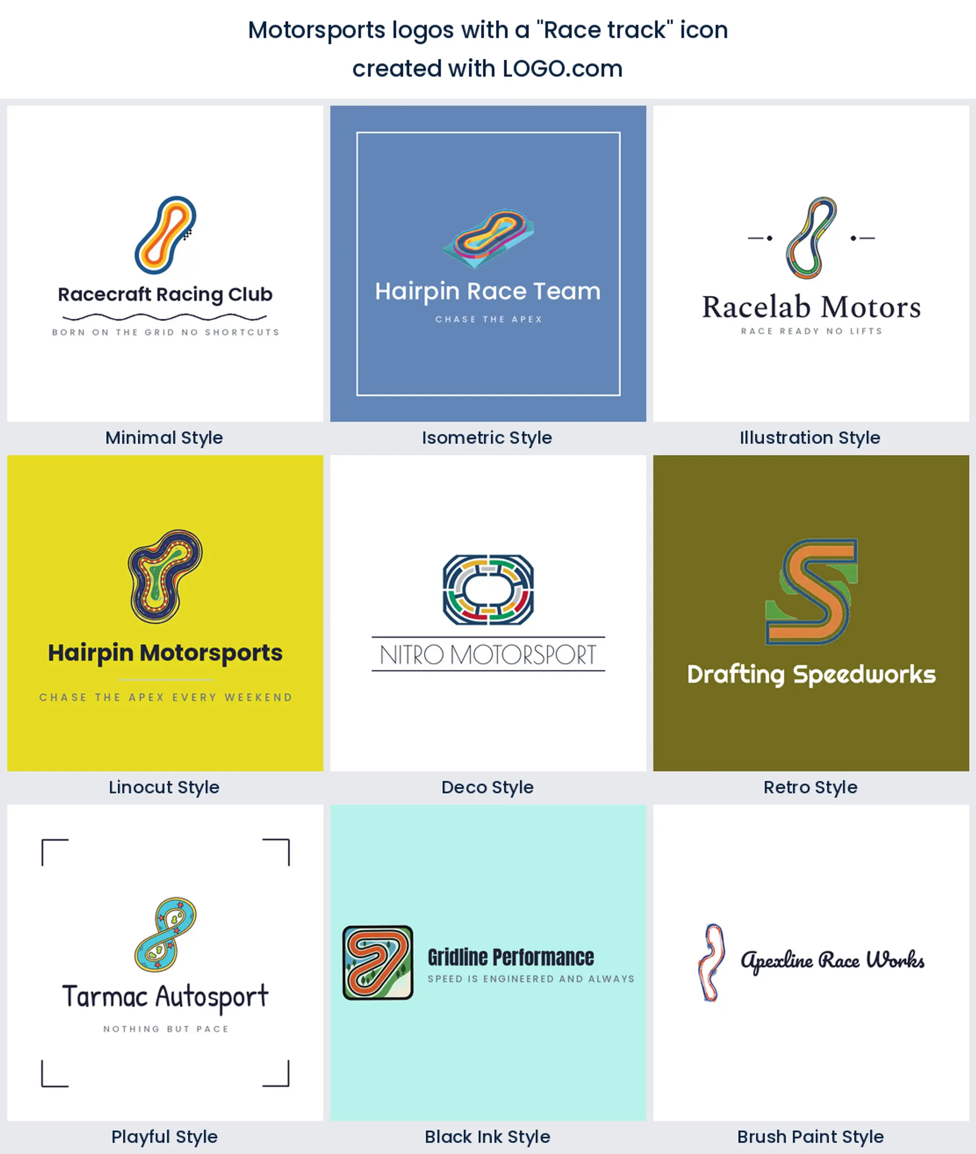 Nine racing club logos shaped from a circuit and race track outline, laid out in nine styles.