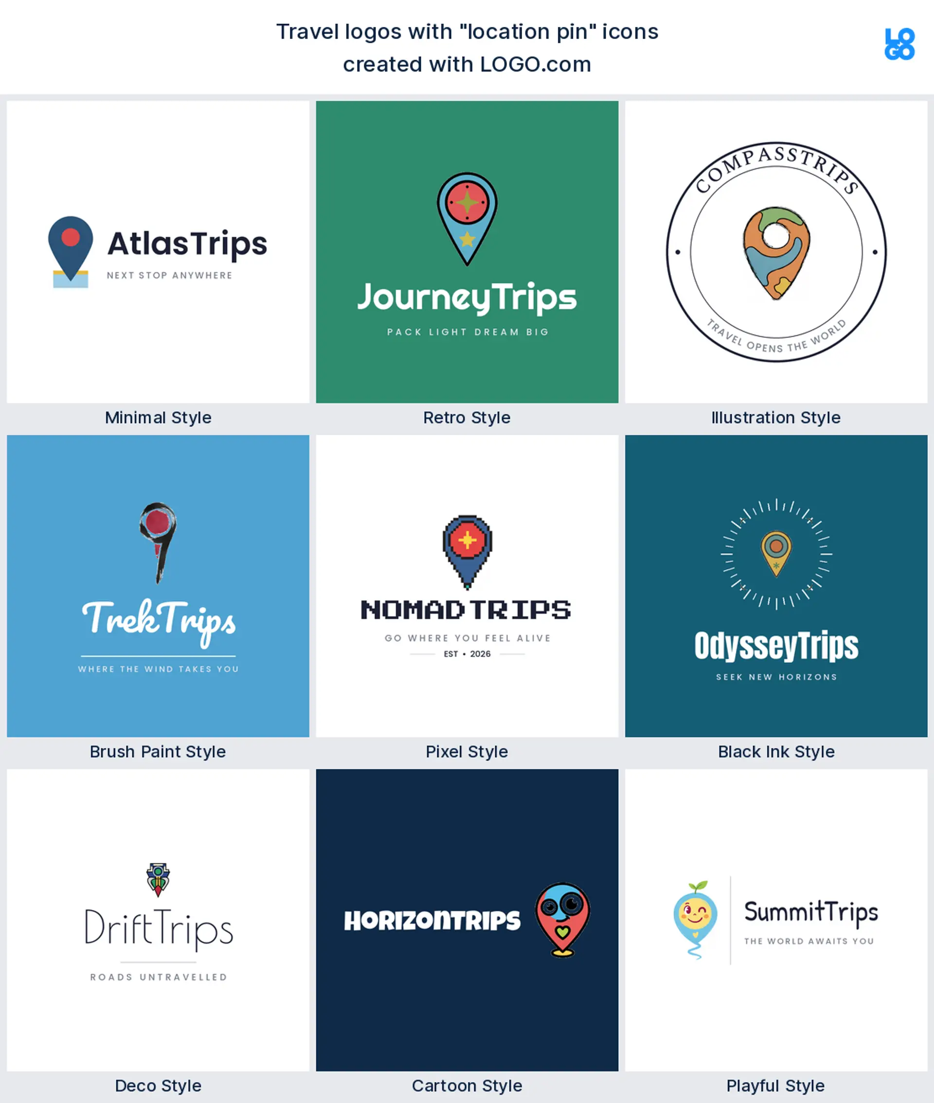 Location pin, playful travel logo shown in nine LOGO.com styles