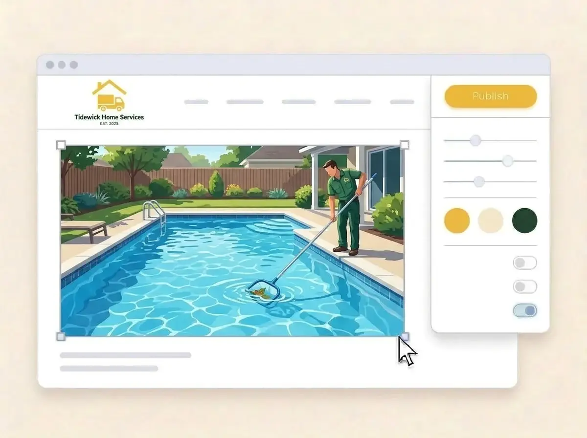 Editing the Tidewick Home Services website with a photo of a technician skimming a backyard pool selected, the style panel open and the Publish button ready