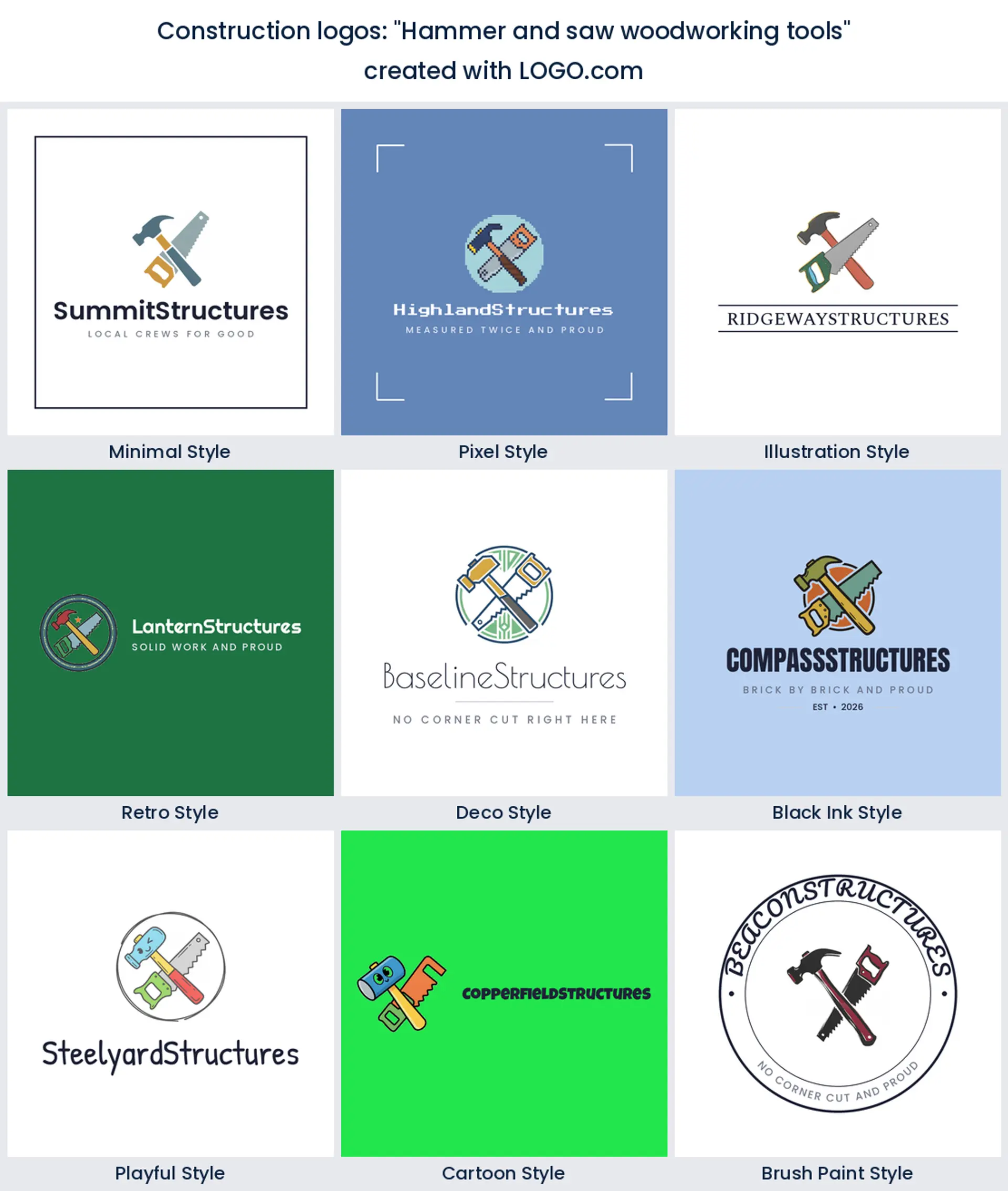 Hammer and saw woodworking construction logo idea, shown in nine LOGO.com styles