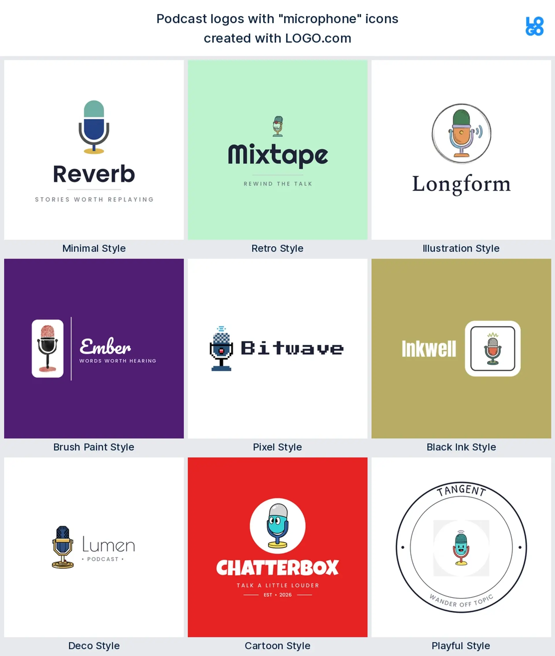 Microphone podcast logo shown in nine LOGO.com styles