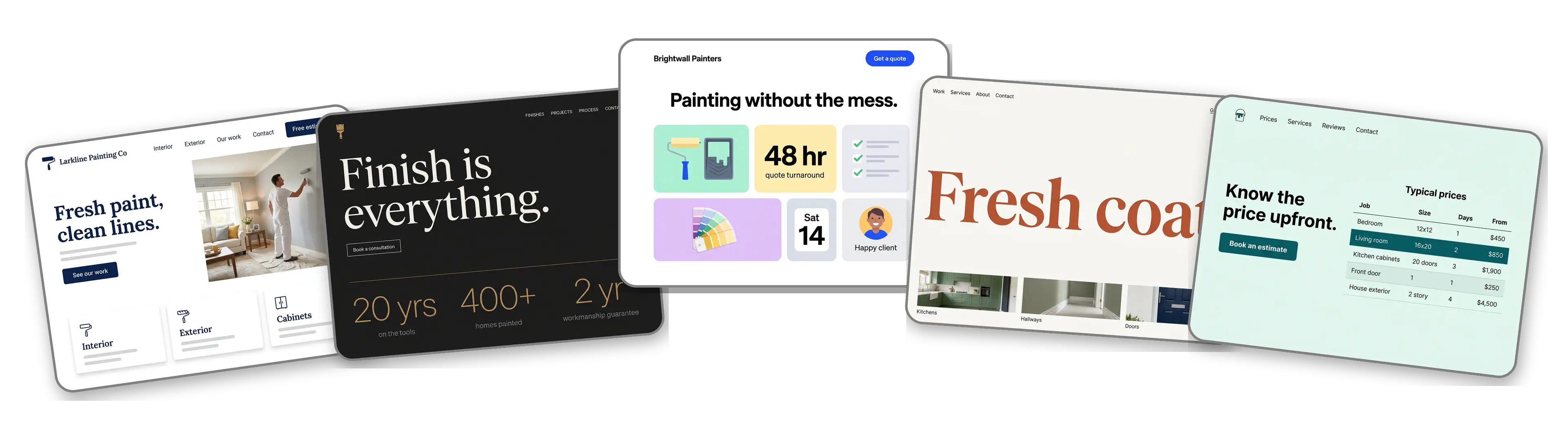 Five painting company websites built with LOGO.com from a logo upload: a house painting company, a high end interior finishing studio, a painter with quick quotes, a painter and decorator and a contractor showing typical prices