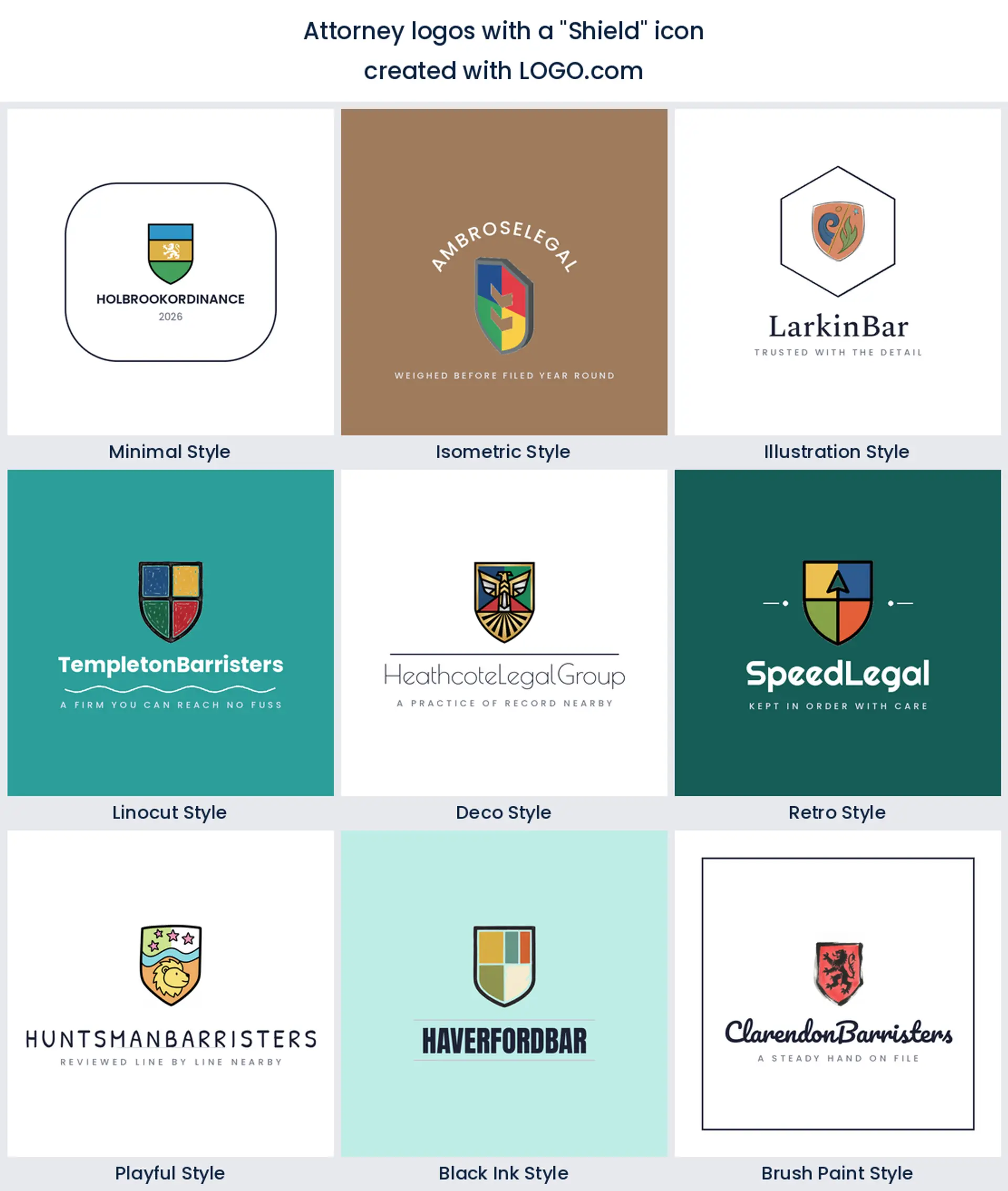Nine styles of law office logo built on a plain heraldic shield