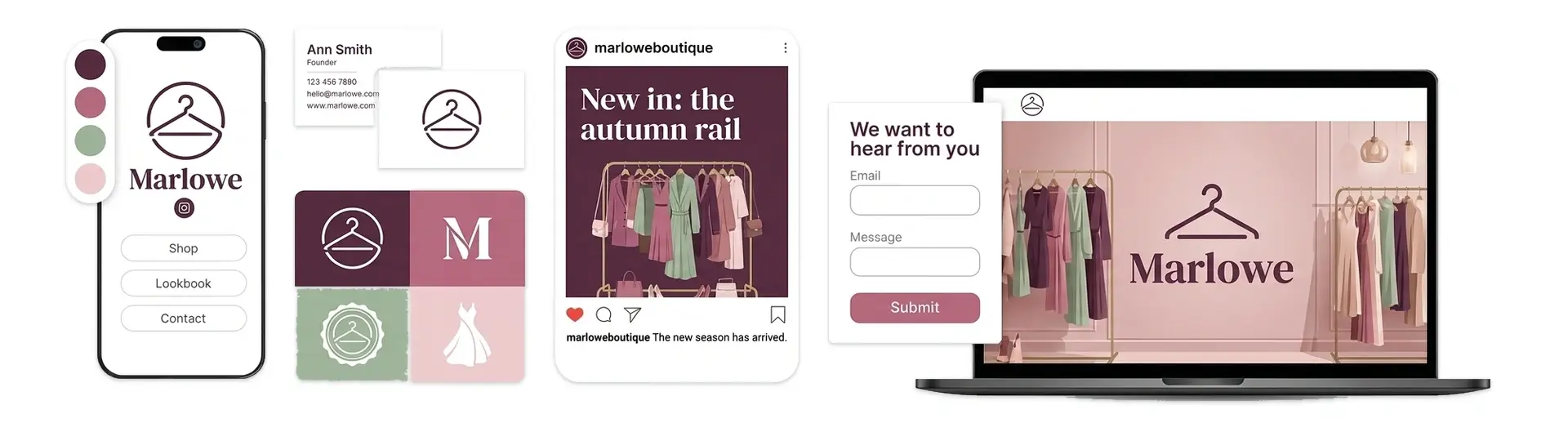 A boutique logo maker showing a fashion store brand on a storefront sign, shopping bags, and an online store