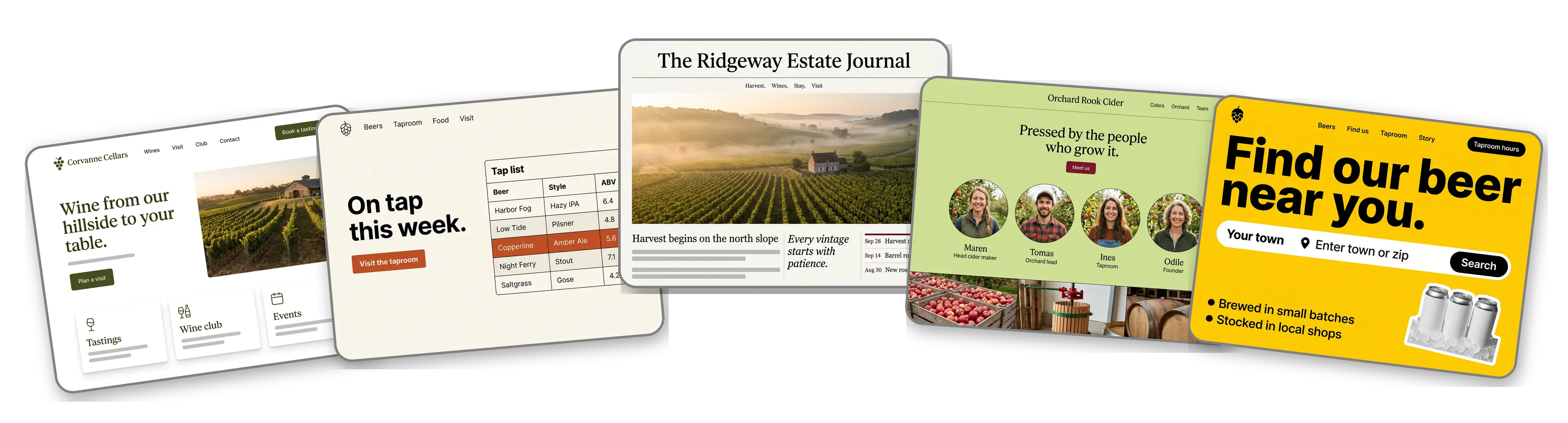 Five winery and brewery websites built with LOGO.com from a logo upload: a family winery with a tasting room, a craft brewery taproom tap list, a vineyard estate journal, a small family cidery and a brewery that sells cans in local stores