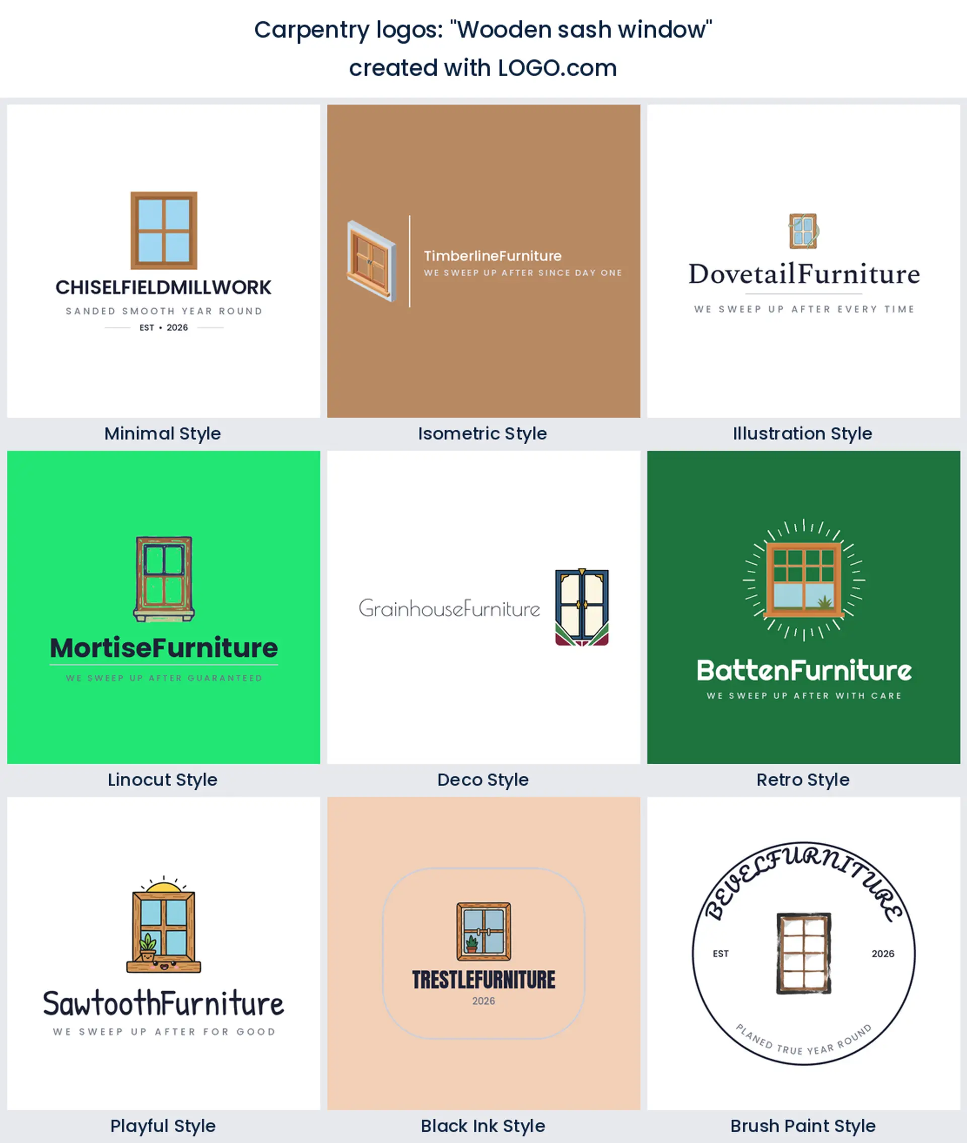 Wooden sash window logo shown across nine LOGO.com styles