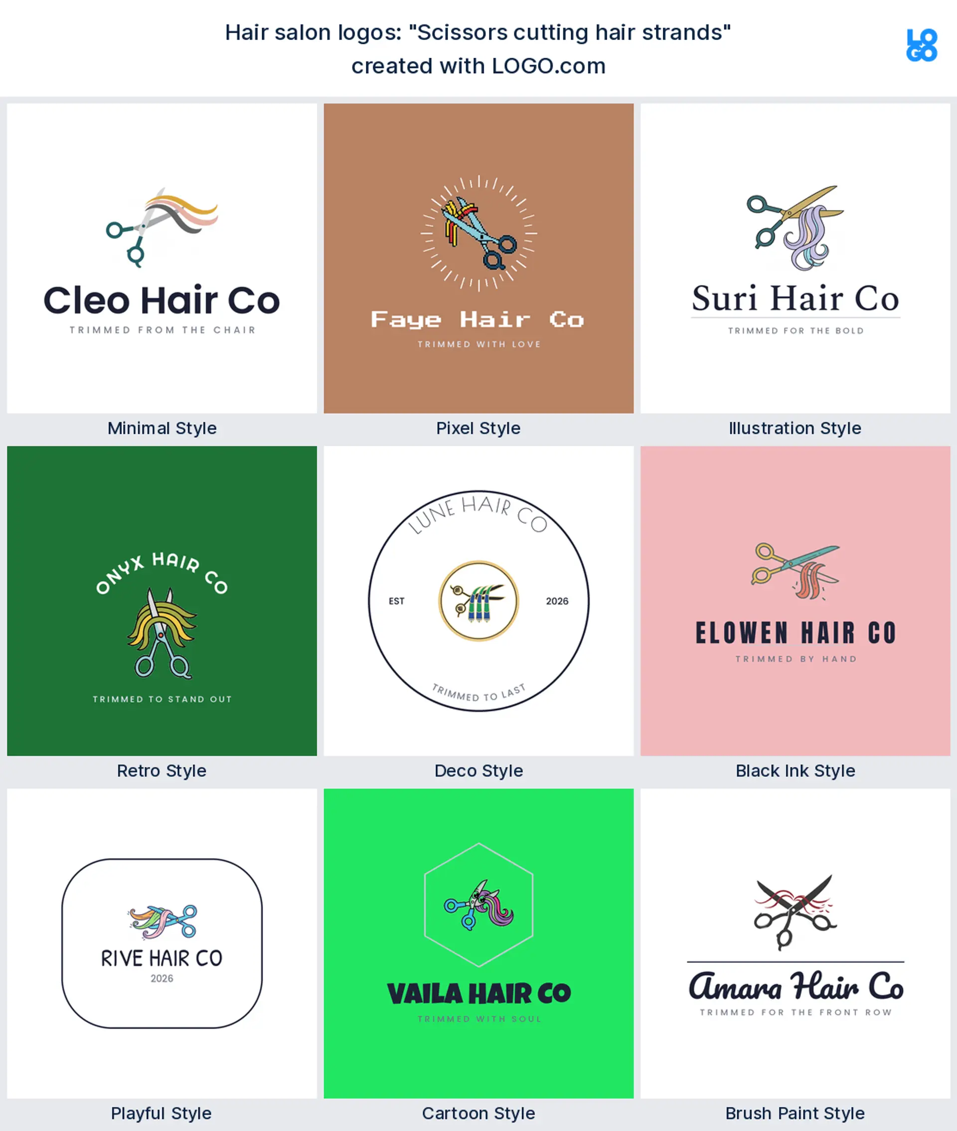 The "Scissors cutting hair strands" hair salon logo idea shown across nine LOGO.com styles