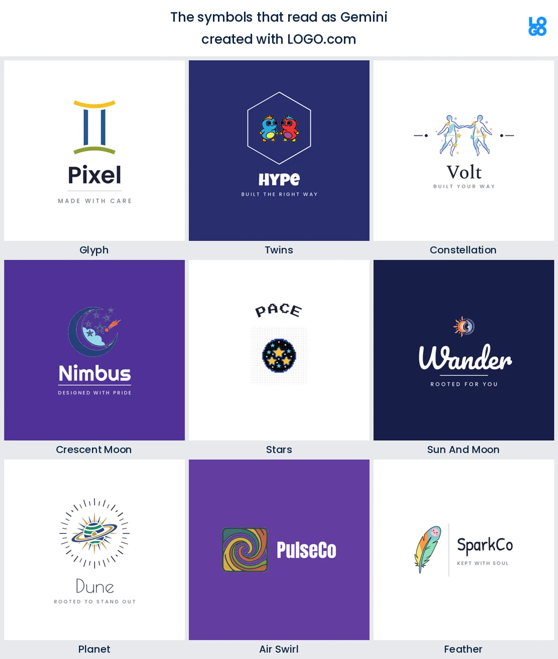 Nine symbols that read as a Gemini logo on LOGO.com