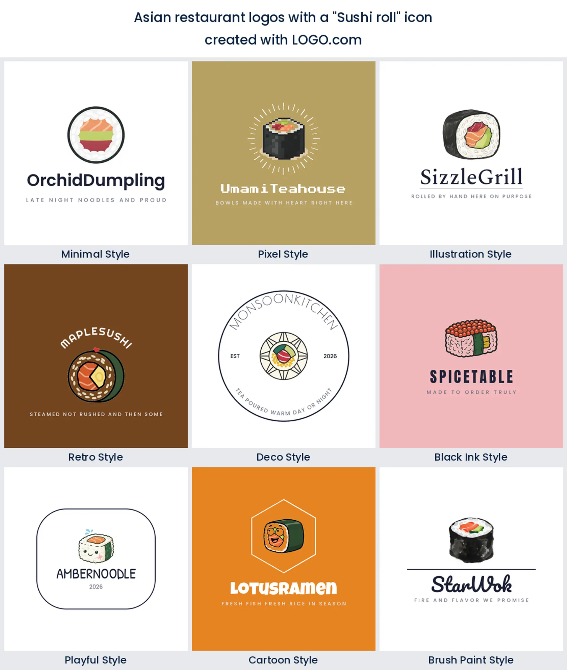 Sushi roll Asian restaurant logo shown in nine LOGO.com styles.