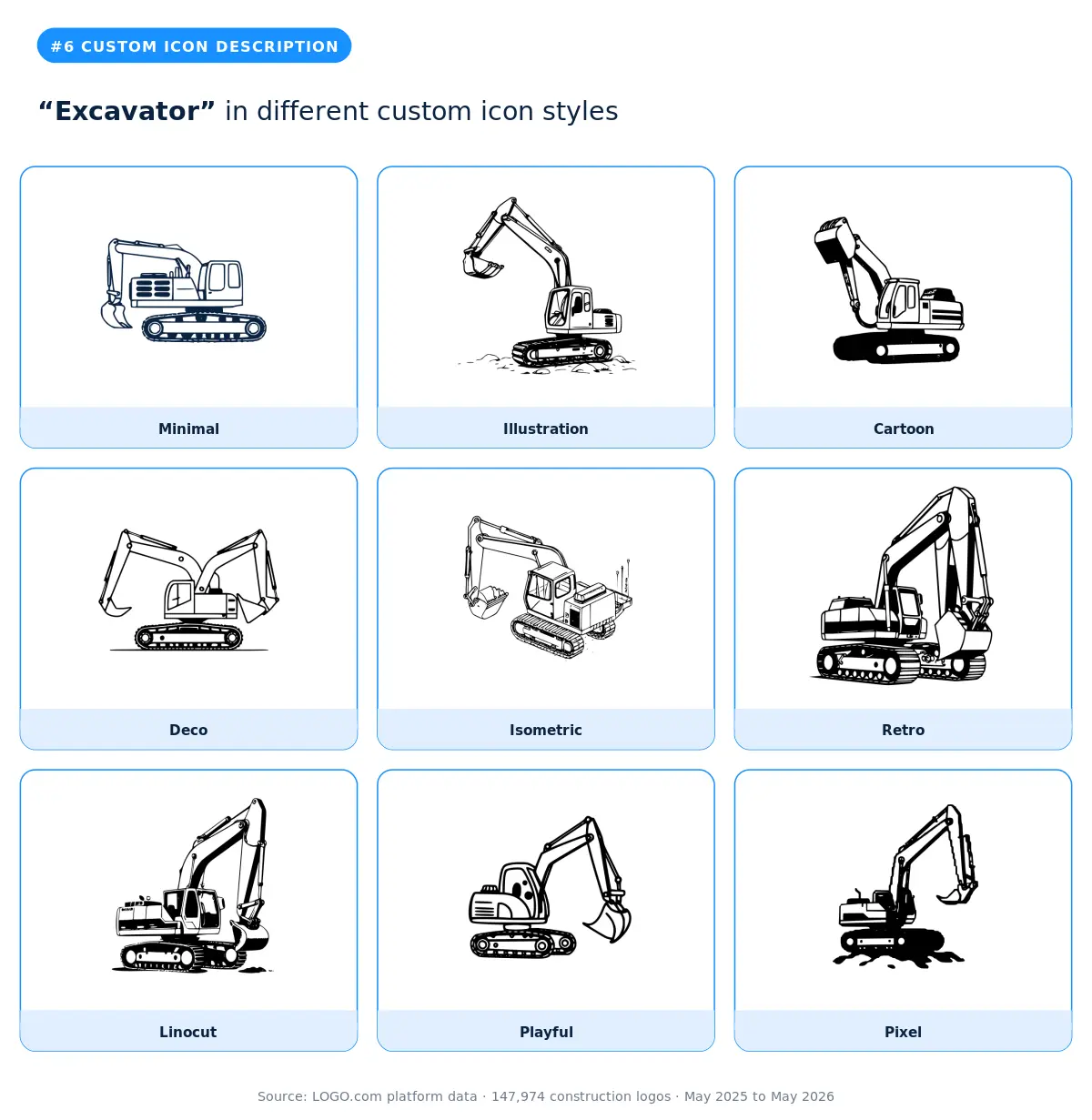 "Excavator" custom construction logo symbol in nine styles