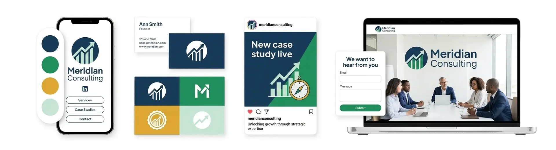A consulting logo maker showing a firm brand across a website, business cards, and a mobile app