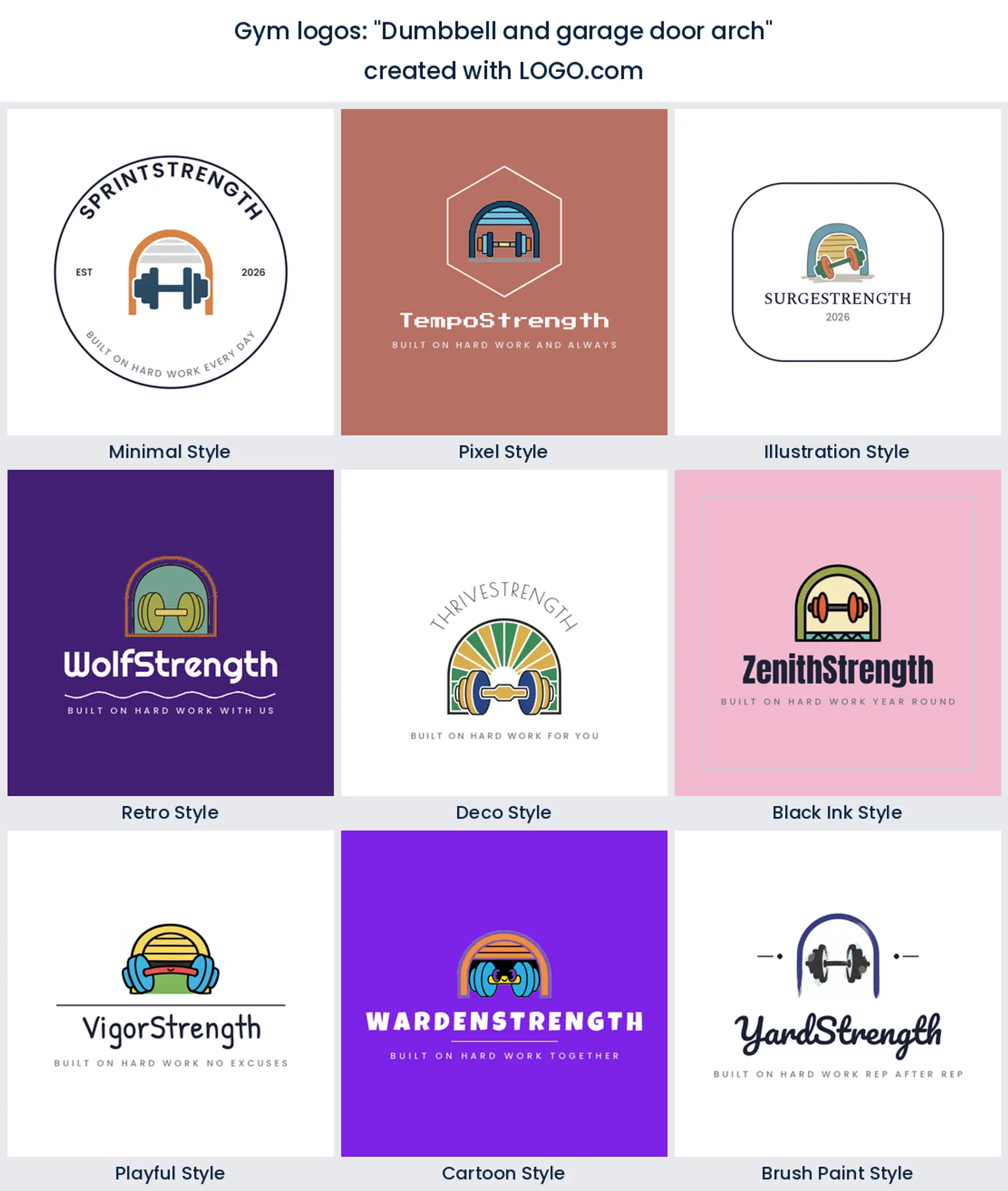 Dumbbell and garage door arch logo shown across nine LOGO.com styles
