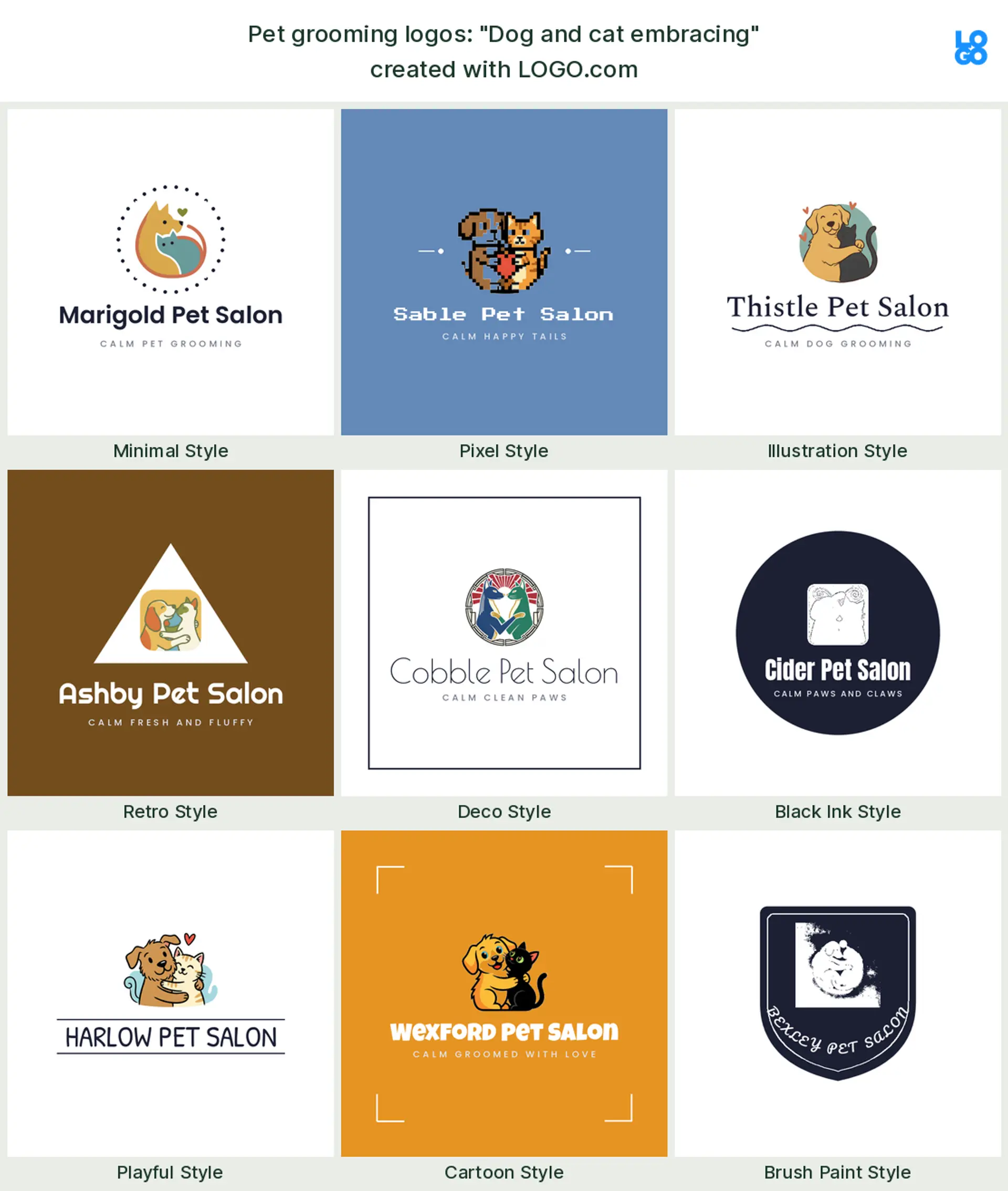 The "Dog and cat embracing" pet grooming logo idea, shown across nine styles on LOGO.com