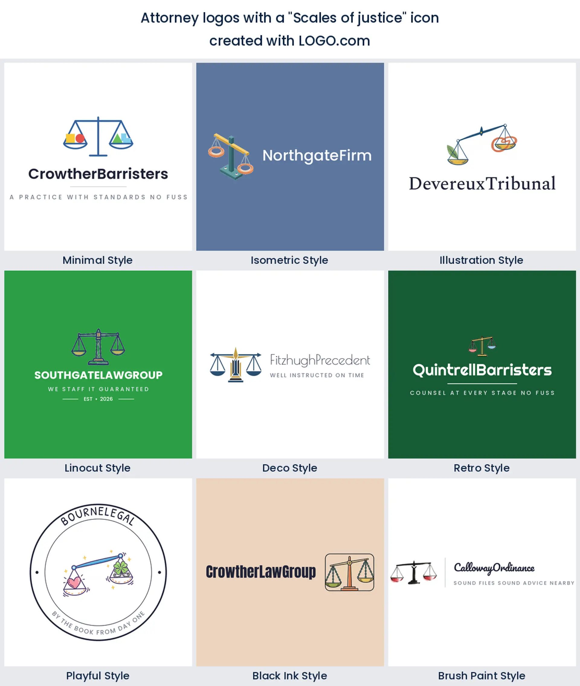 Nine styles of attorney logo built on balanced scales of justice