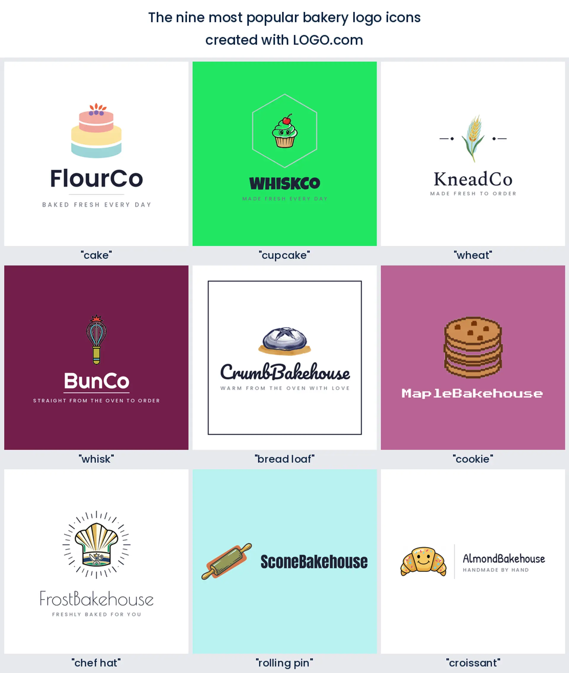The nine most popular bakery logo icons on LOGO.com, shown in colored styles.